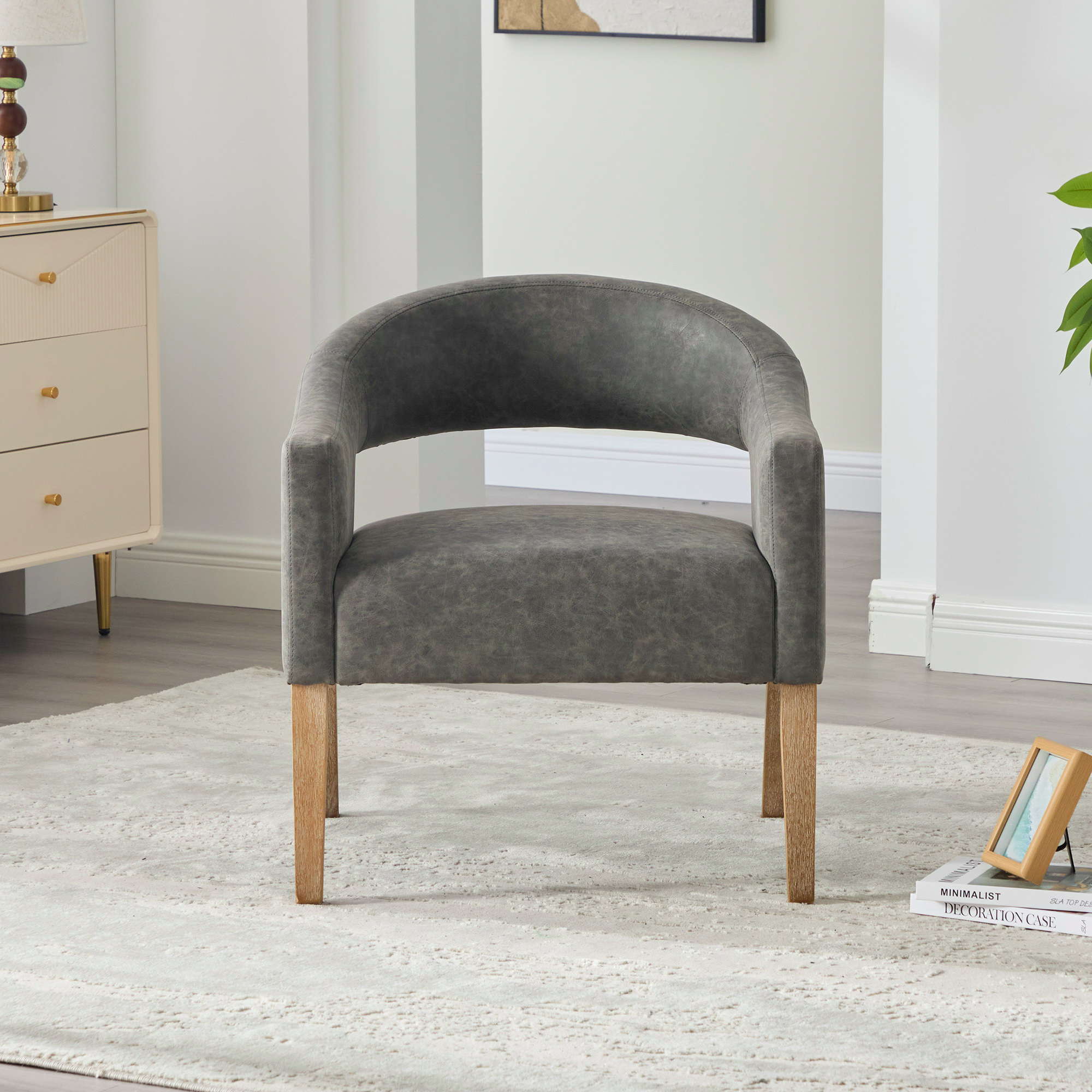 Modern Upholstered PU Open Back Accent Armchair Barrel Dining Chair with Weathered Rubberwood Legs, Hollow-Out Side Club Chair for Living Room Bedroom Restaurant Cafes Dining Room Reception,Gray - Image 2