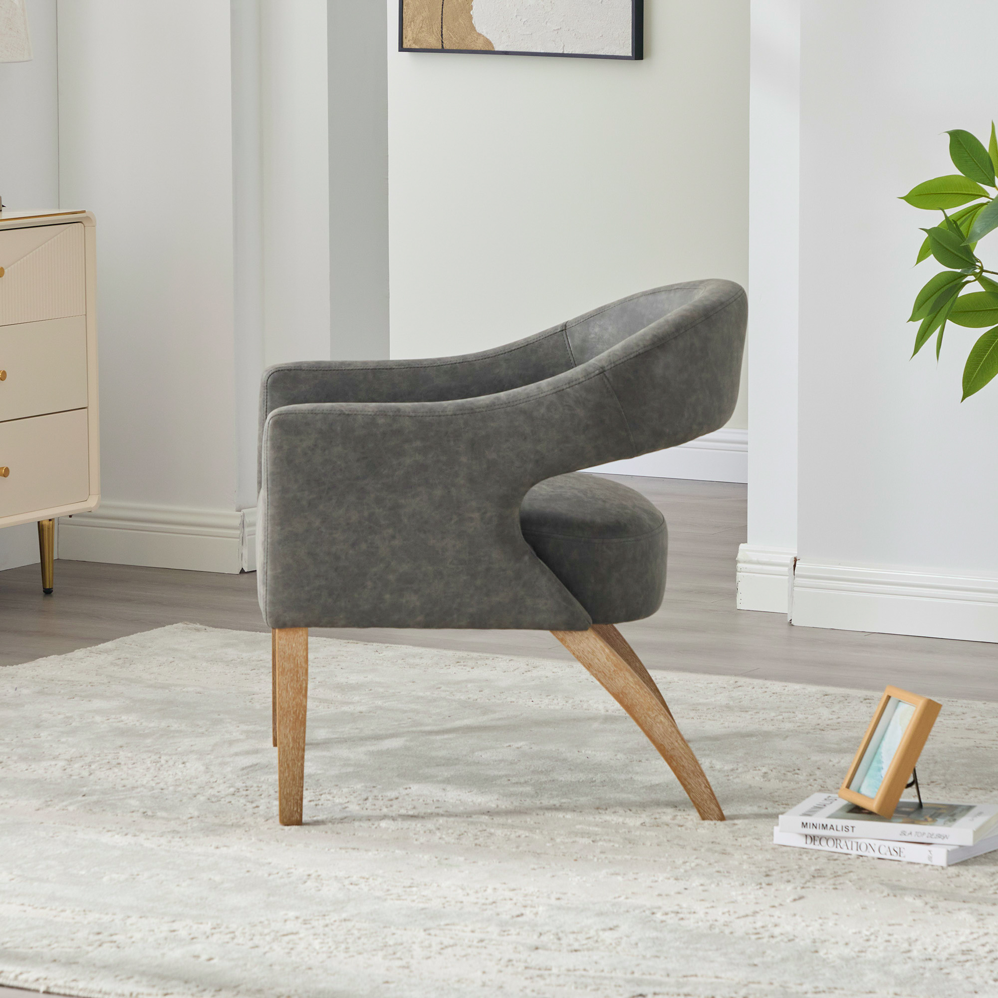 Modern Upholstered PU Open Back Accent Armchair Barrel Dining Chair with Weathered Rubberwood Legs, Hollow-Out Side Club Chair for Living Room Bedroom Restaurant Cafes Dining Room Reception,Gray - Image 5