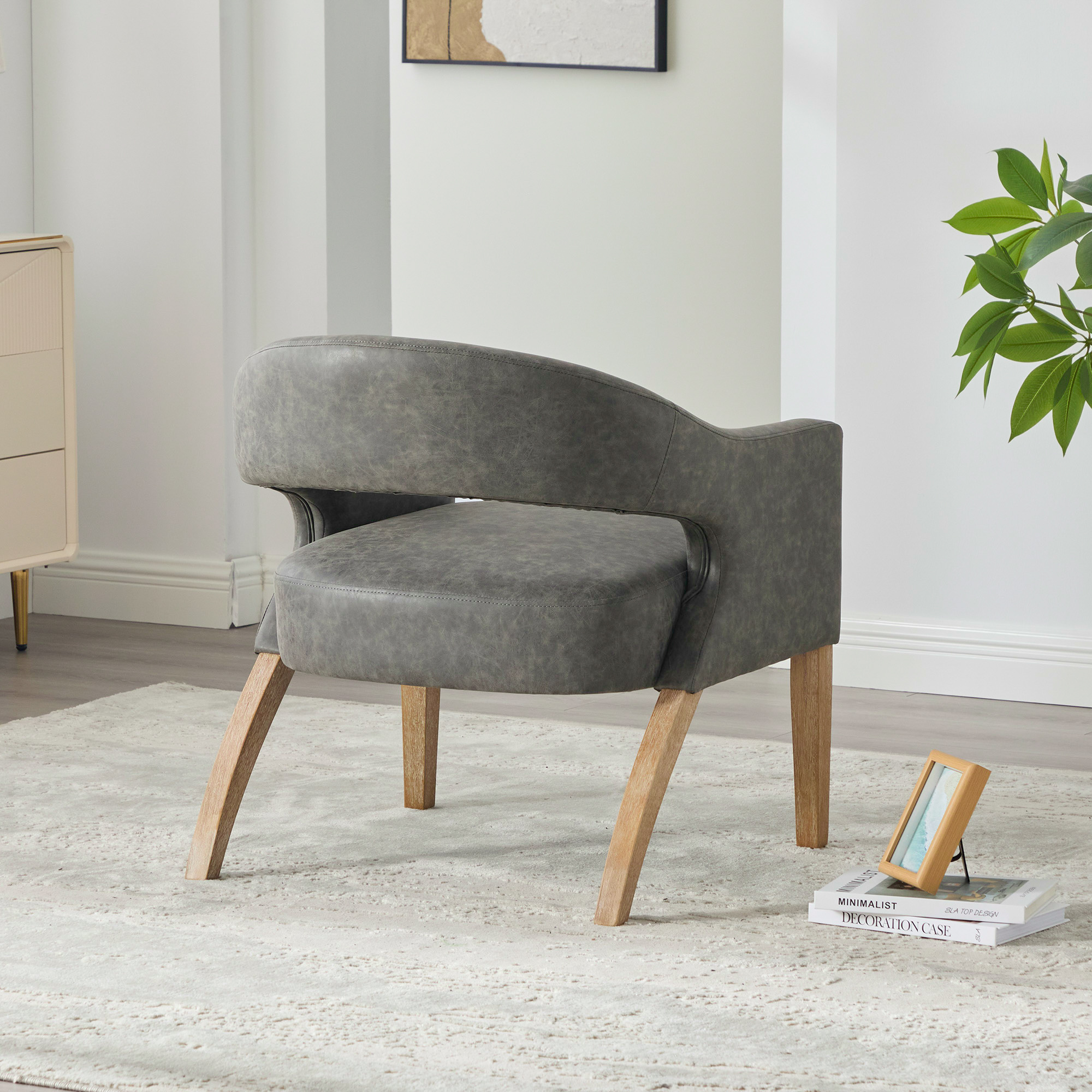 Modern Upholstered PU Open Back Accent Armchair Barrel Dining Chair with Weathered Rubberwood Legs, Hollow-Out Side Club Chair for Living Room Bedroom Restaurant Cafes Dining Room Reception,Gray - Image 6