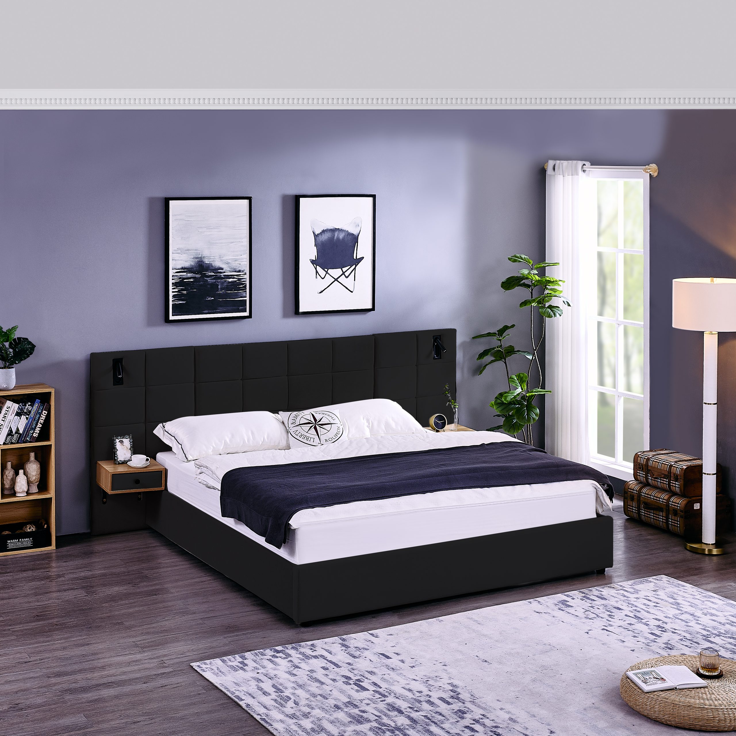 King Size Storage Velvet Upholstered Hydraulic Platform Bed with 2 Shelves, 2 Reading Lamps and USB Port, Black - Image 1