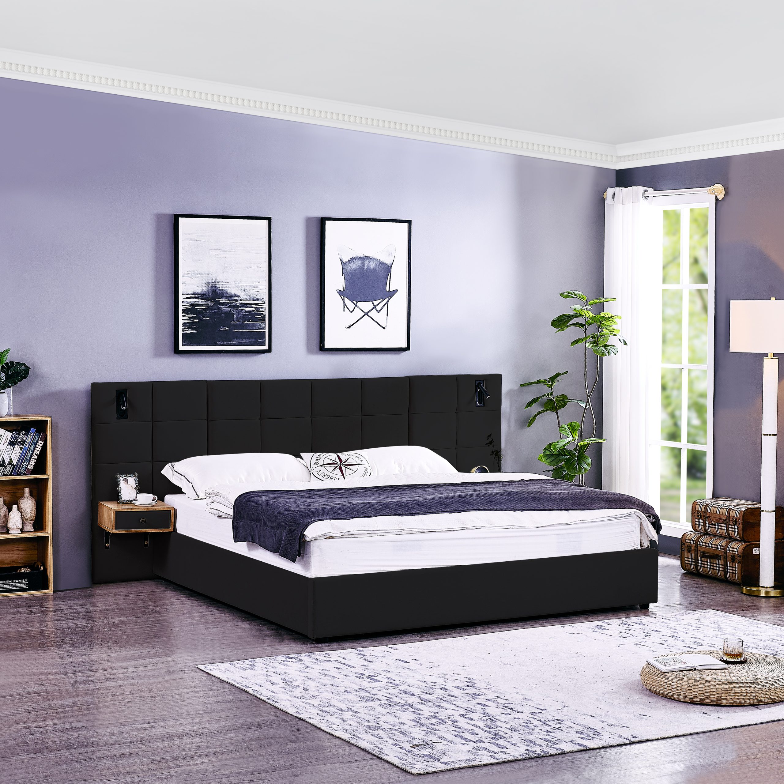 King Size Storage Velvet Upholstered Hydraulic Platform Bed with 2 Shelves, 2 Reading Lamps and USB Port, Black - Image 2