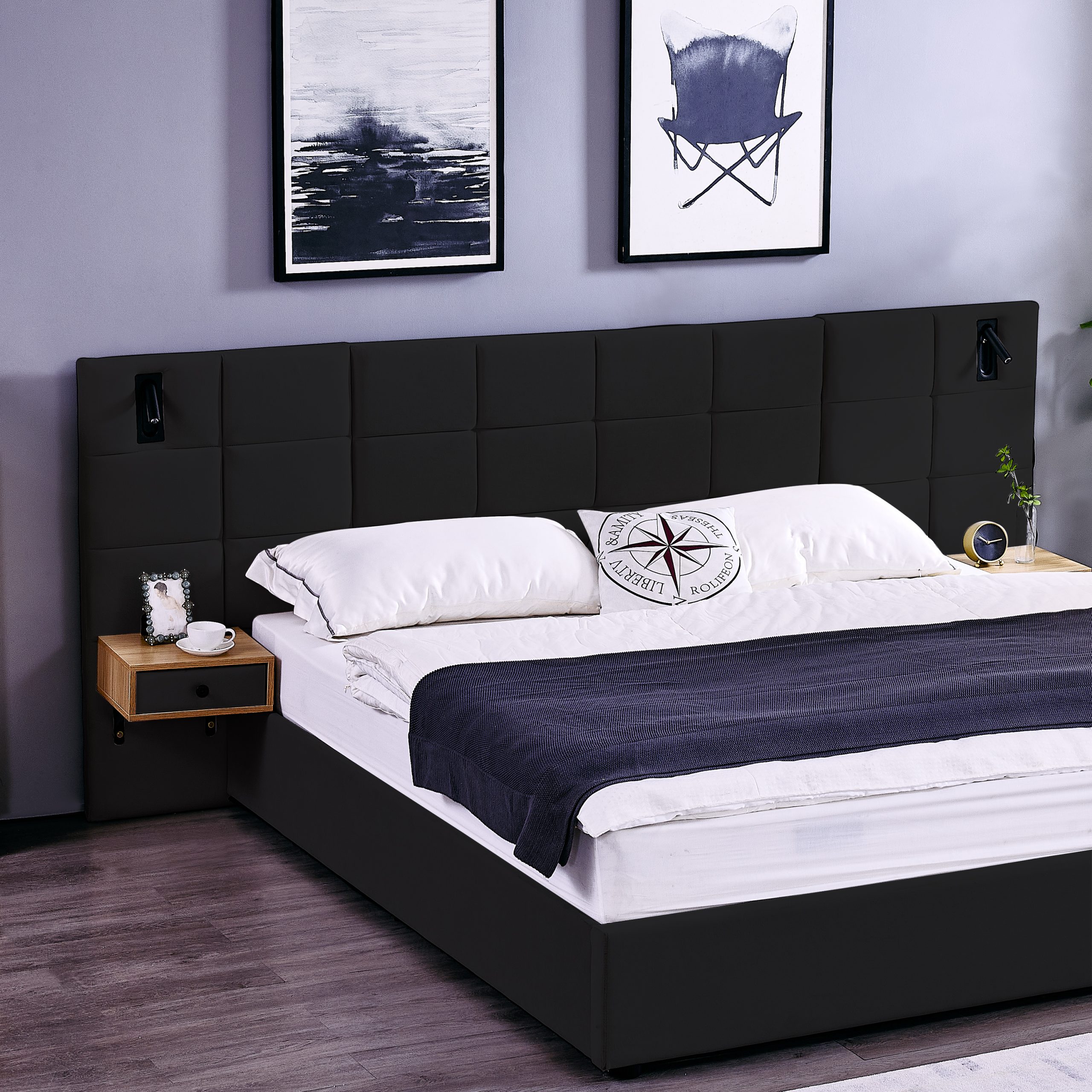King Size Storage Velvet Upholstered Hydraulic Platform Bed with 2 Shelves, 2 Reading Lamps and USB Port, Black - Image 3