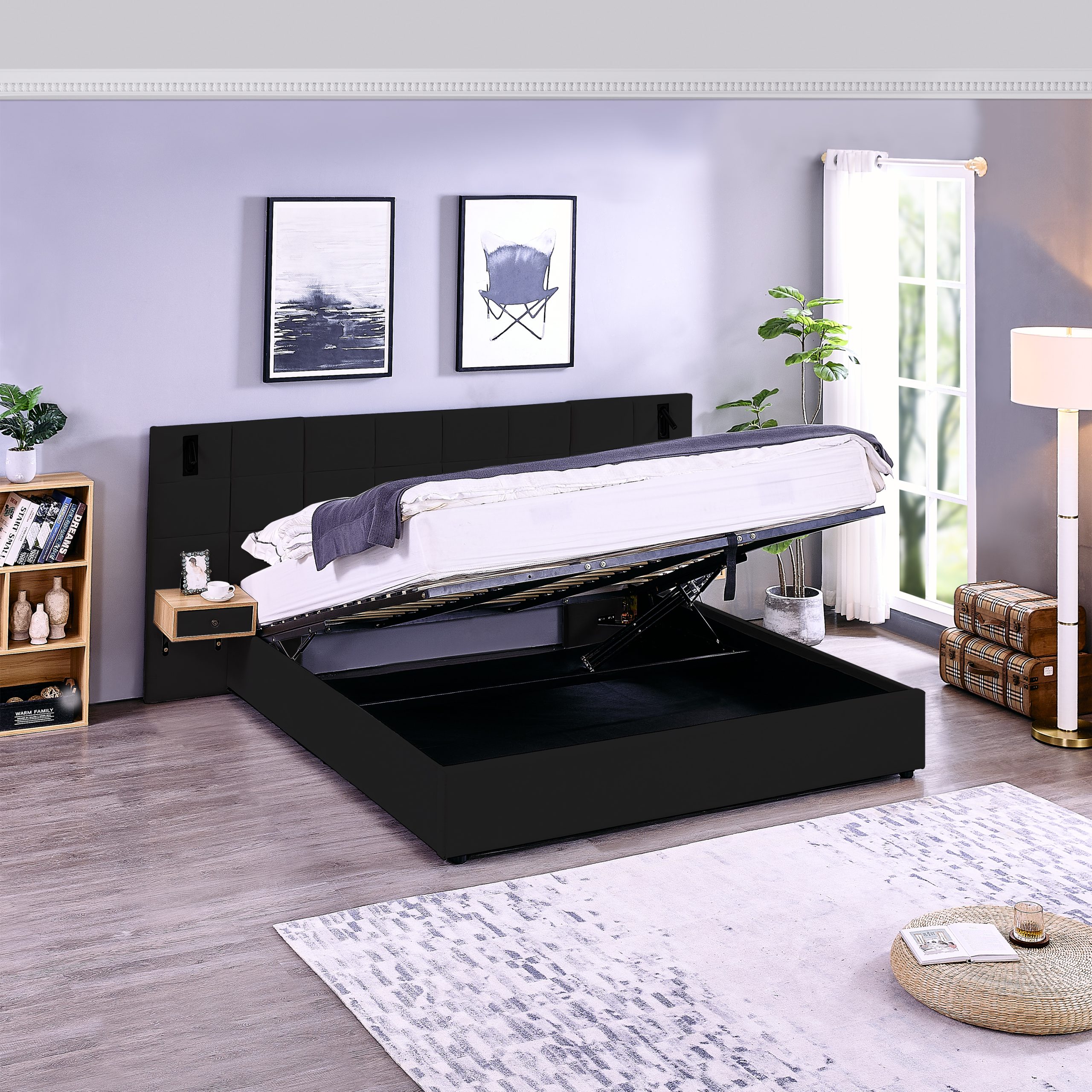 King Size Storage Velvet Upholstered Hydraulic Platform Bed with 2 Shelves, 2 Reading Lamps and USB Port, Black - Image 4
