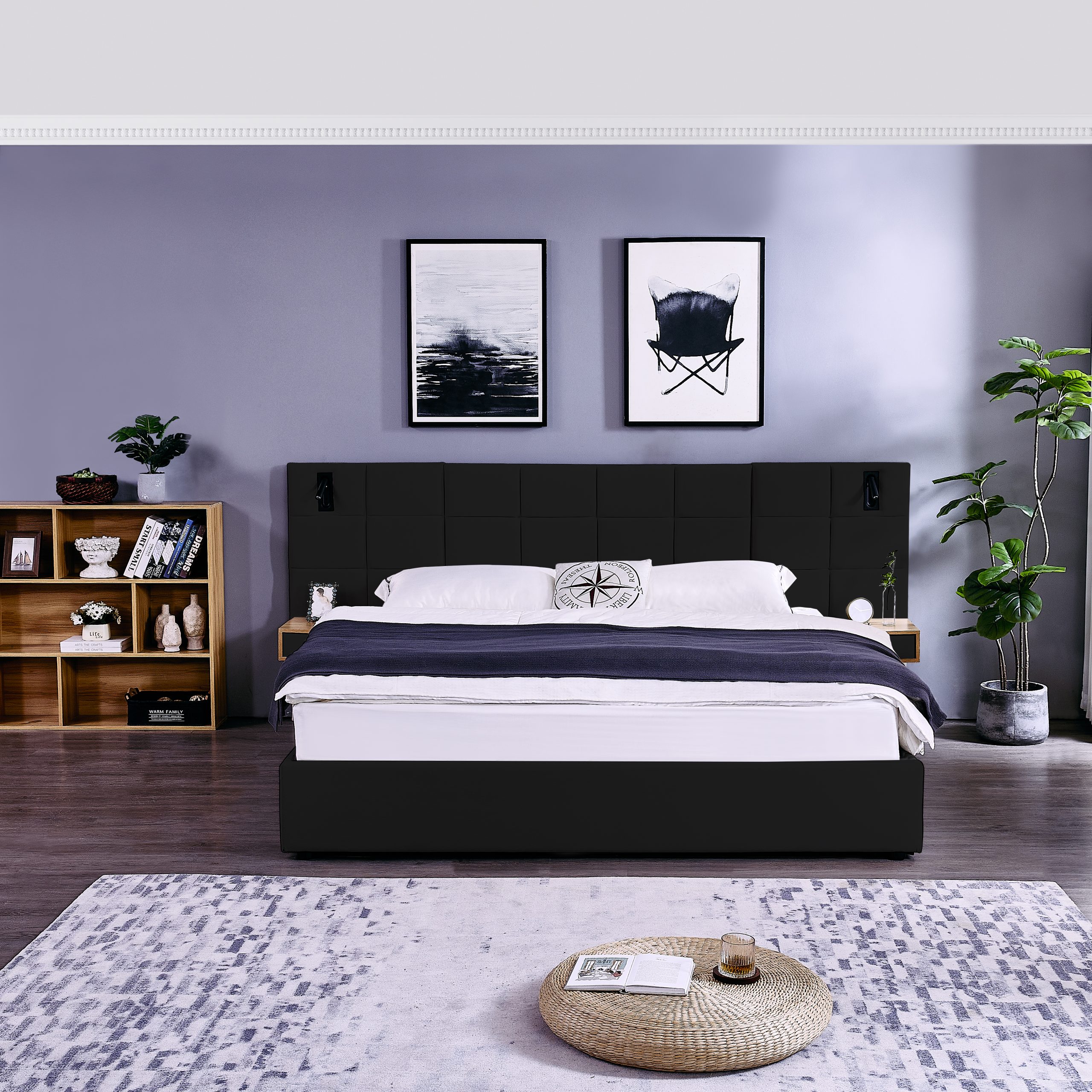 King Size Storage Velvet Upholstered Hydraulic Platform Bed with 2 Shelves, 2 Reading Lamps and USB Port, Black - Image 5
