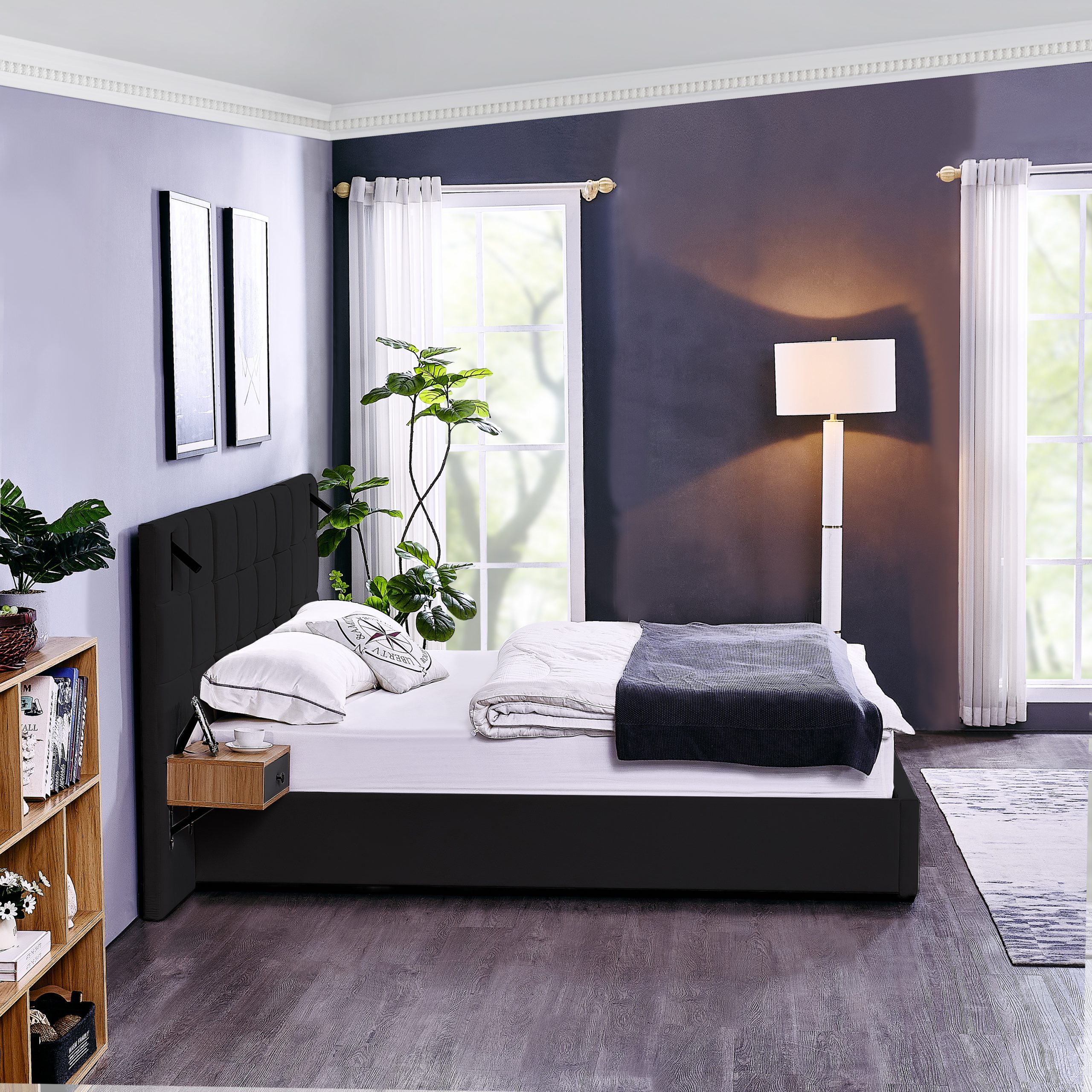 King Size Storage Velvet Upholstered Hydraulic Platform Bed with 2 Shelves, 2 Reading Lamps and USB Port, Black - Image 6