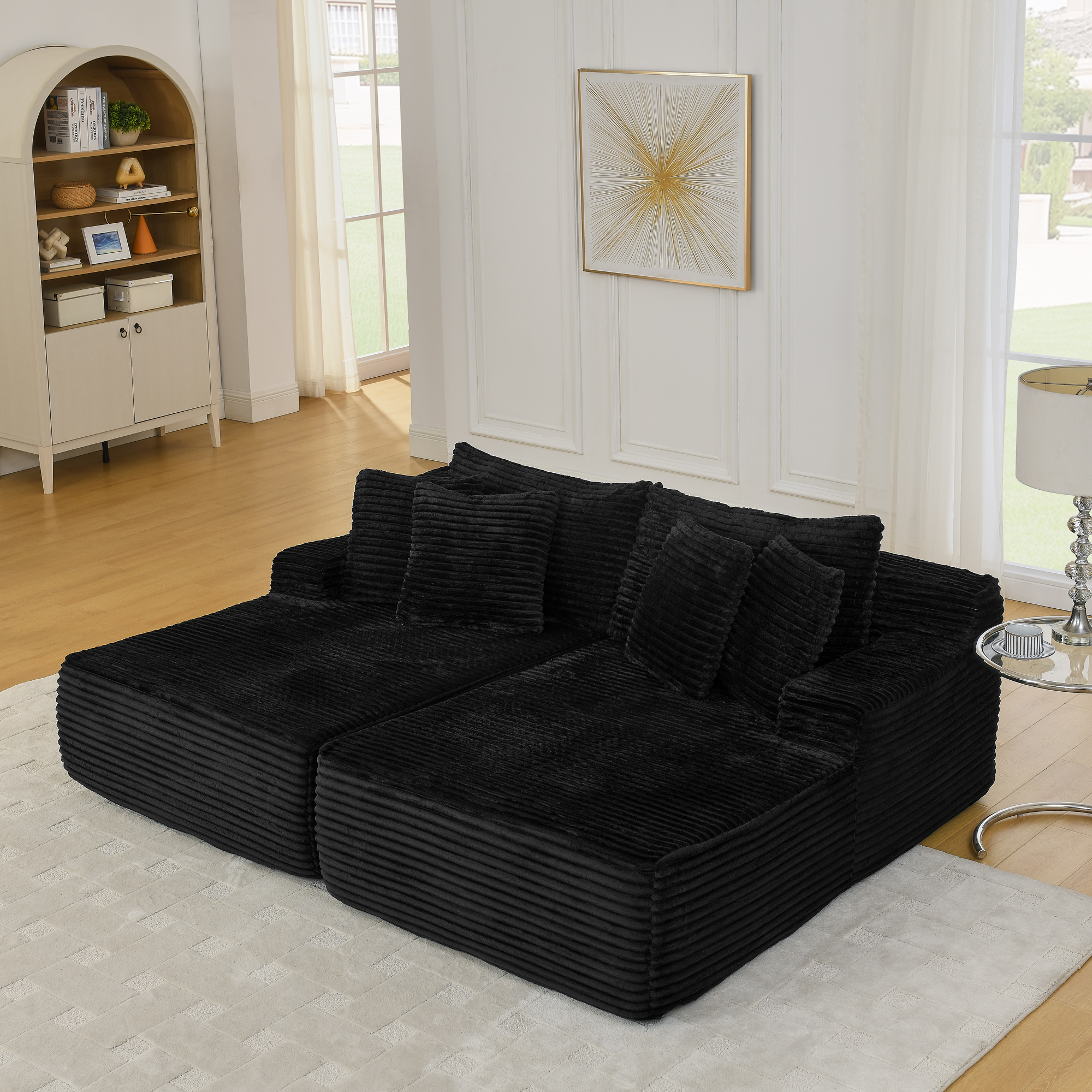 Two-seater lazy sofa lounge chair,Compressed sofa no assembly required, made of velvet fabric, fluffy modern lounge chair, used for indoor living rooms and bedrooms-Black - Image 2