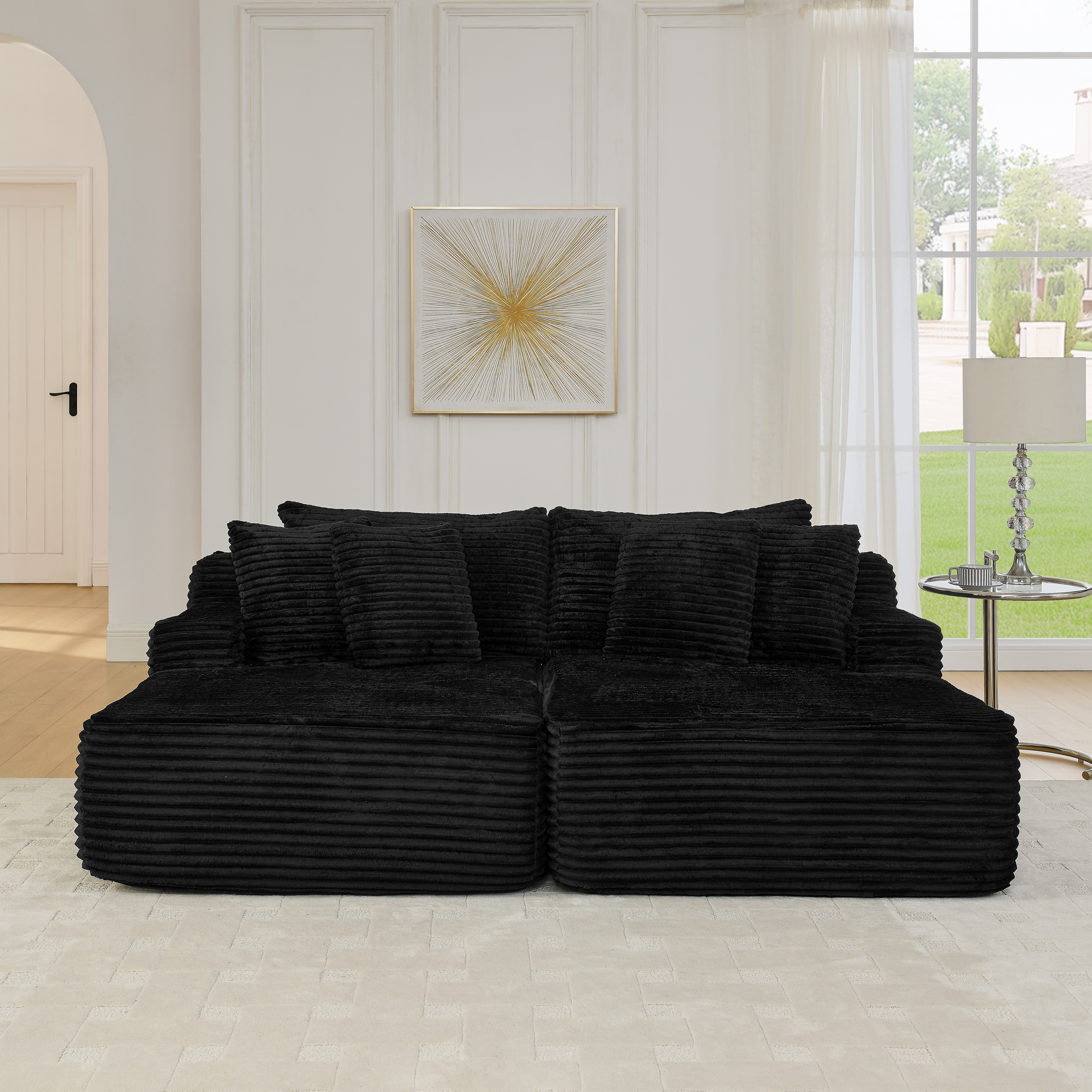 Two-seater lazy sofa lounge chair,Compressed sofa no assembly required, made of velvet fabric, fluffy modern lounge chair, used for indoor living rooms and bedrooms-Black - Image 3