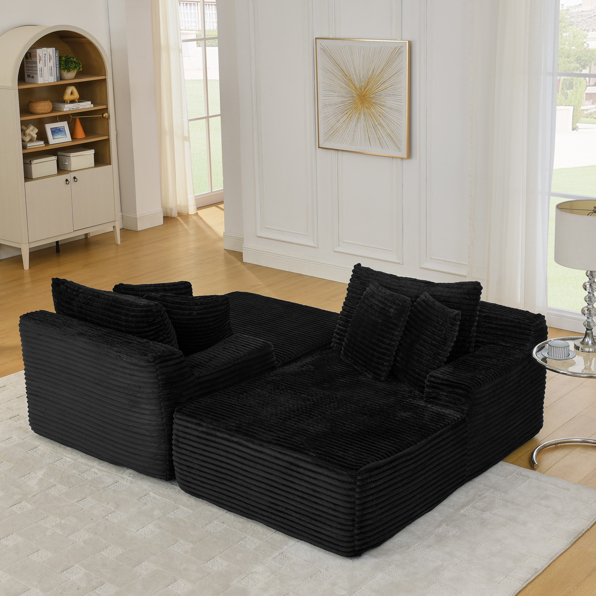 Two-seater lazy sofa lounge chair,Compressed sofa no assembly required, made of velvet fabric, fluffy modern lounge chair, used for indoor living rooms and bedrooms-Black - Image 4
