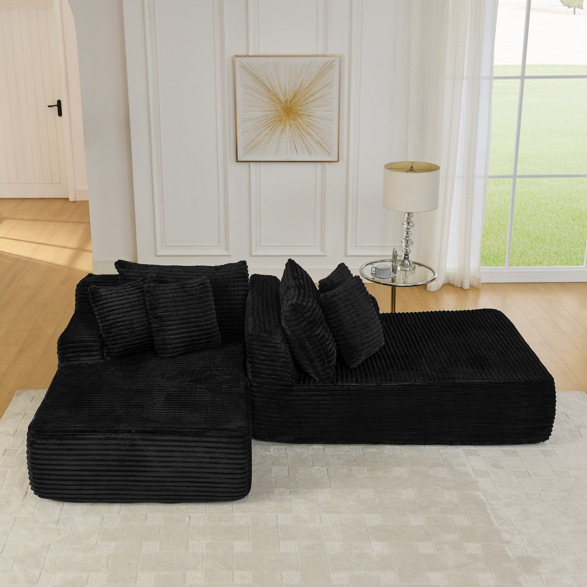 Two-seater lazy sofa lounge chair,Compressed sofa no assembly required, made of velvet fabric, fluffy modern lounge chair, used for indoor living rooms and bedrooms-Black - Image 5