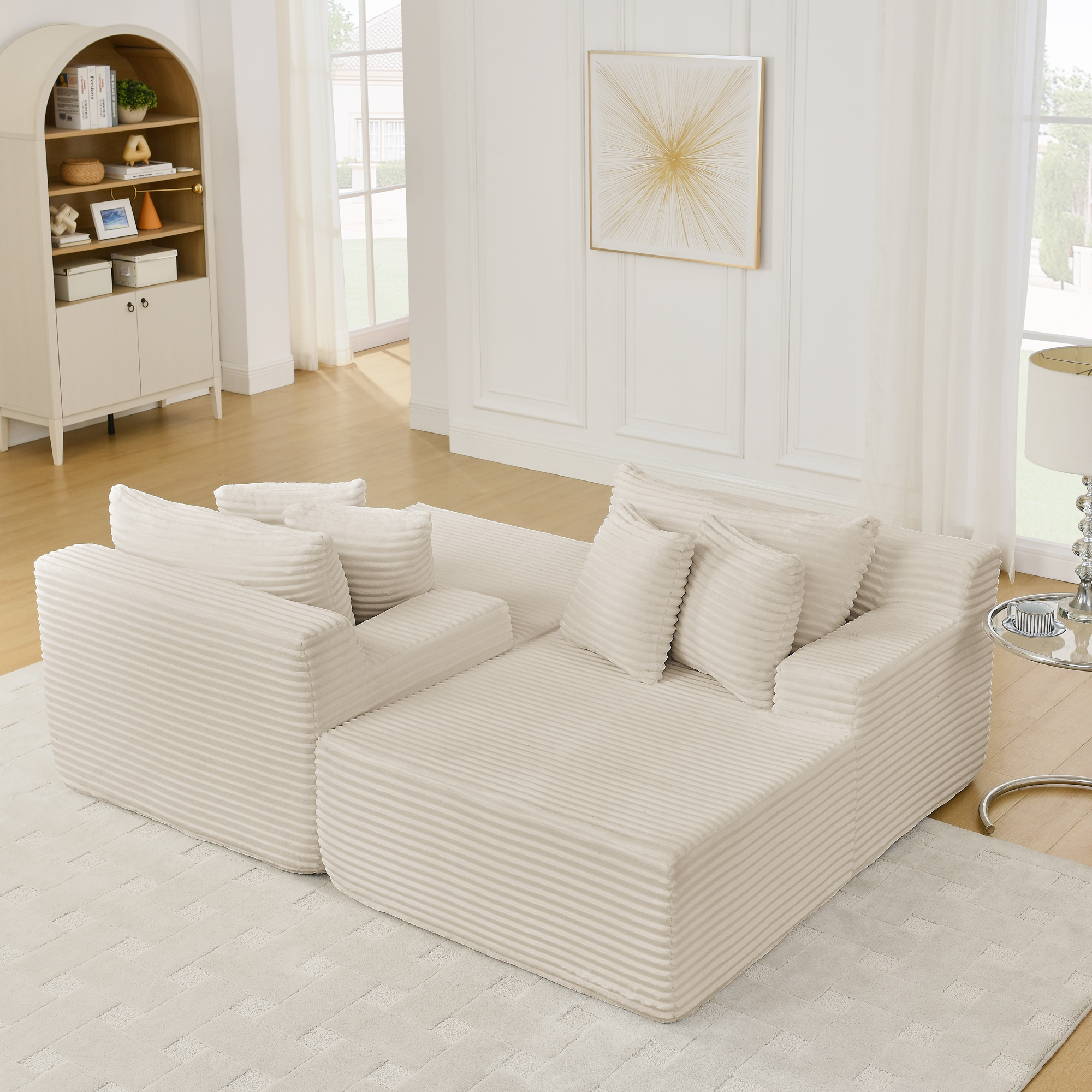 Two-seater lazy sofa lounge chair,Compressed sofa no assembly required, made of velvet fabric, fluffy modern lounge chair, used for indoor living rooms and bedrooms-Beige - Image 4