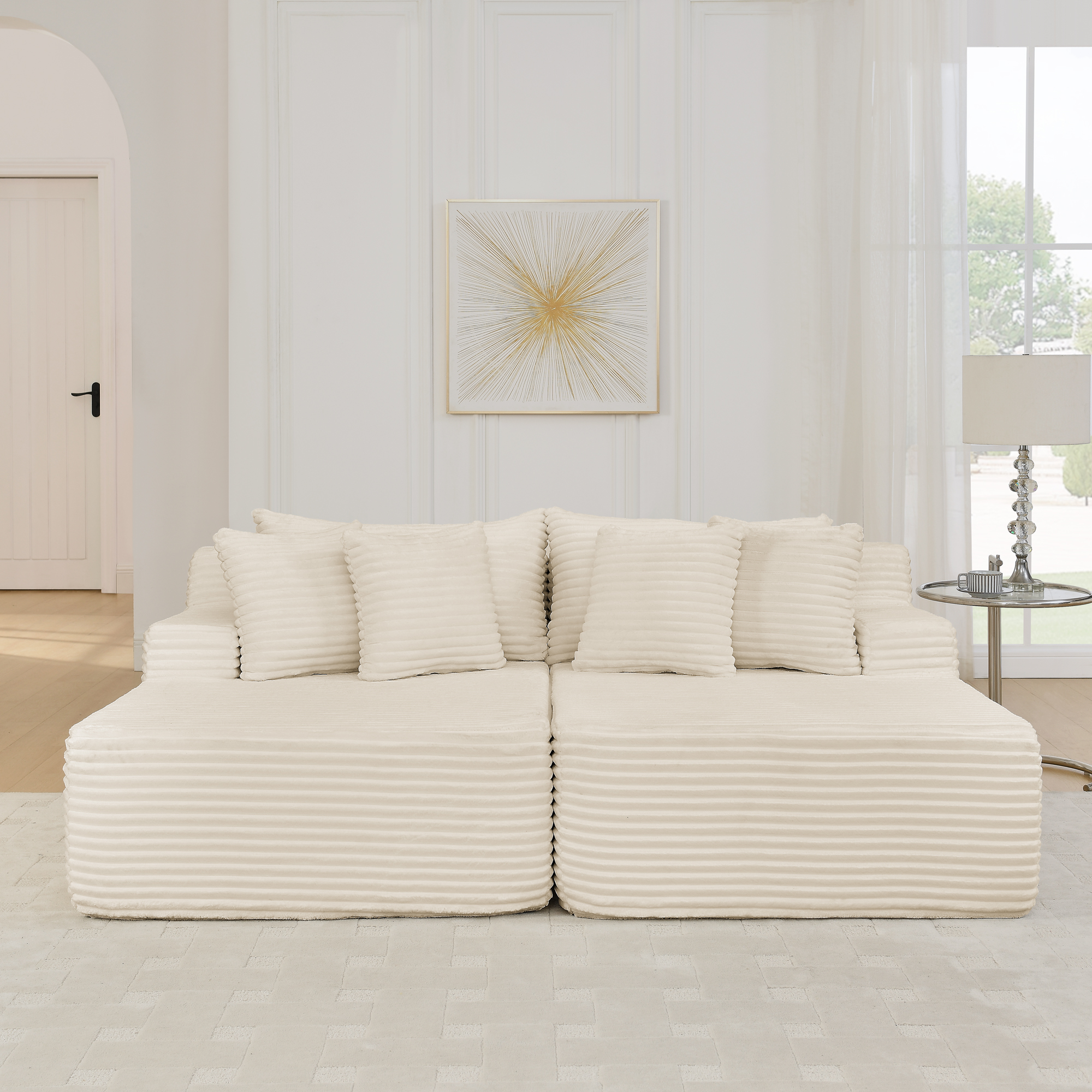Two-seater lazy sofa lounge chair,Compressed sofa no assembly required, made of velvet fabric, fluffy modern lounge chair, used for indoor living rooms and bedrooms-Beige - Image 3