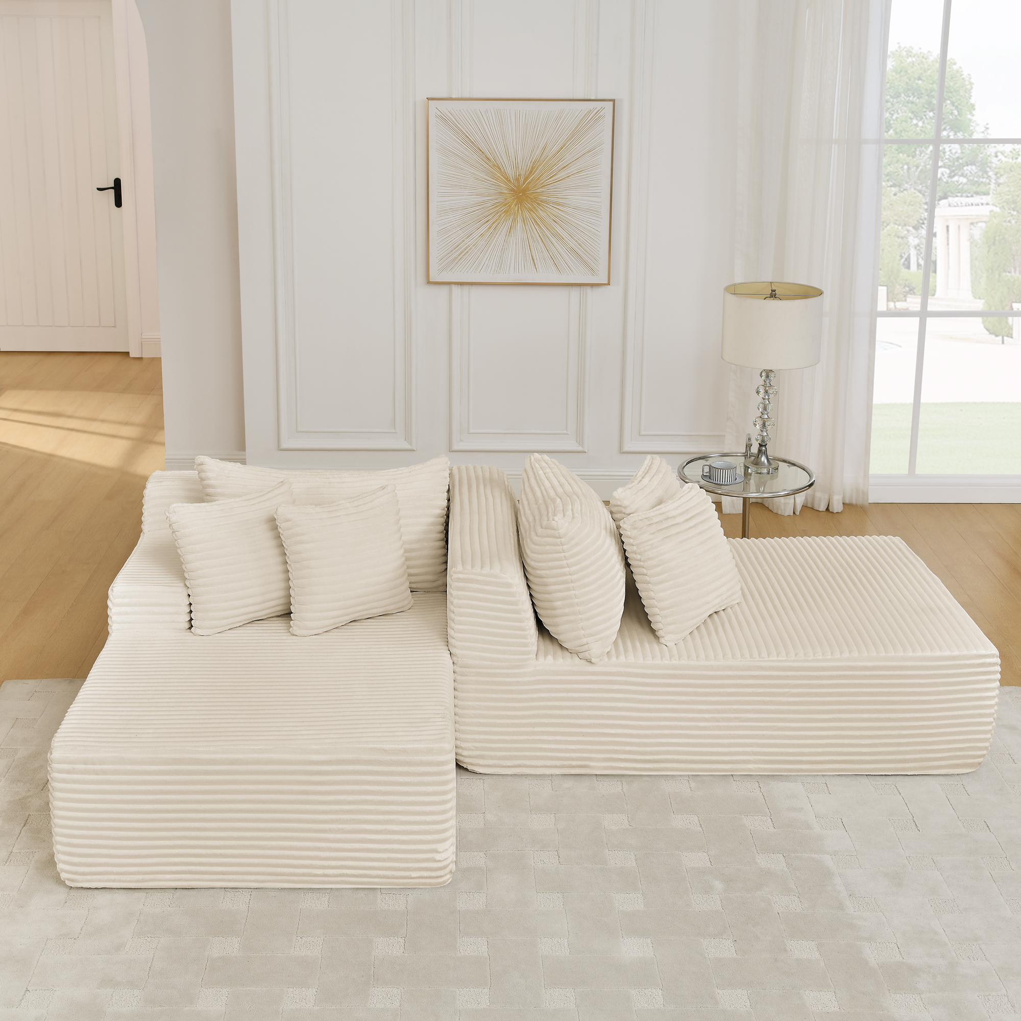Two-seater lazy sofa lounge chair,Compressed sofa no assembly required, made of velvet fabric, fluffy modern lounge chair, used for indoor living rooms and bedrooms-Beige - Image 5