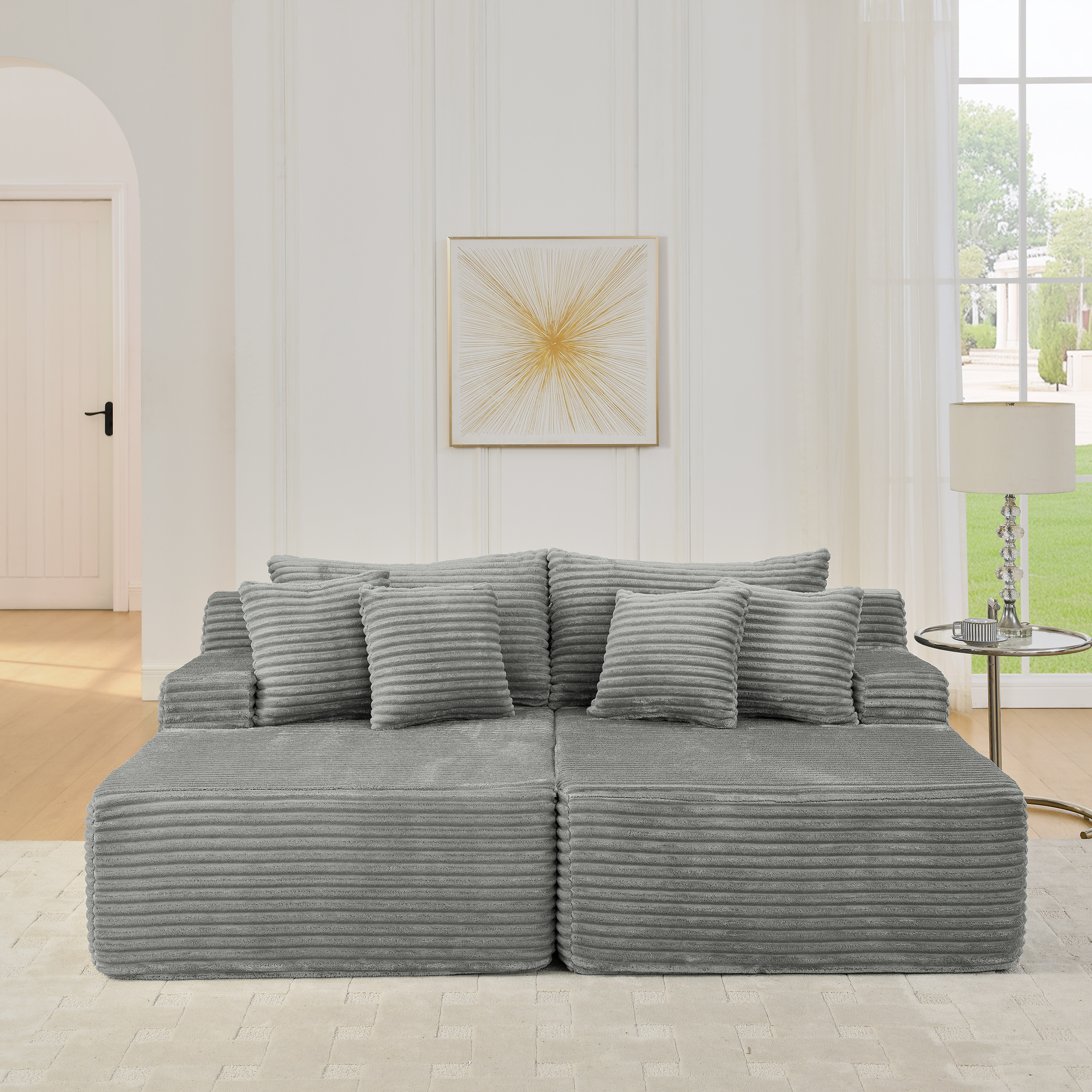 Two-seater lazy sofa lounge chair,Compressed sofa no assembly required, made of velvet fabric, fluffy modern lounge chair, used for indoor living rooms and bedrooms-Gray - Image 3