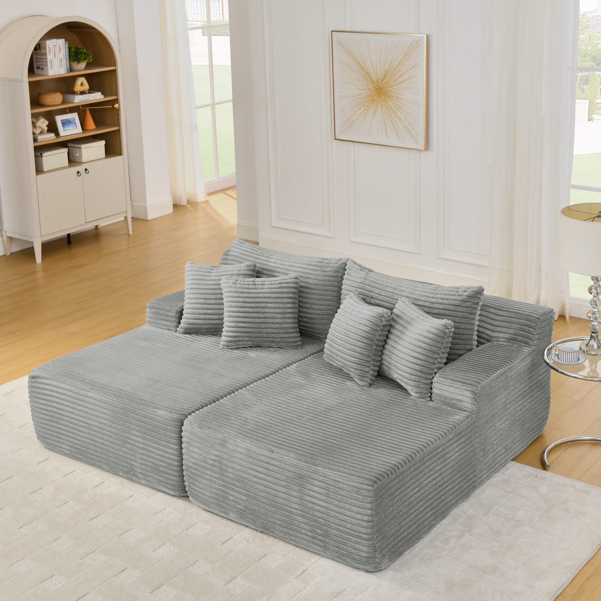 Two-seater lazy sofa lounge chair,Compressed sofa no assembly required, made of velvet fabric, fluffy modern lounge chair, used for indoor living rooms and bedrooms-Gray - Image 2