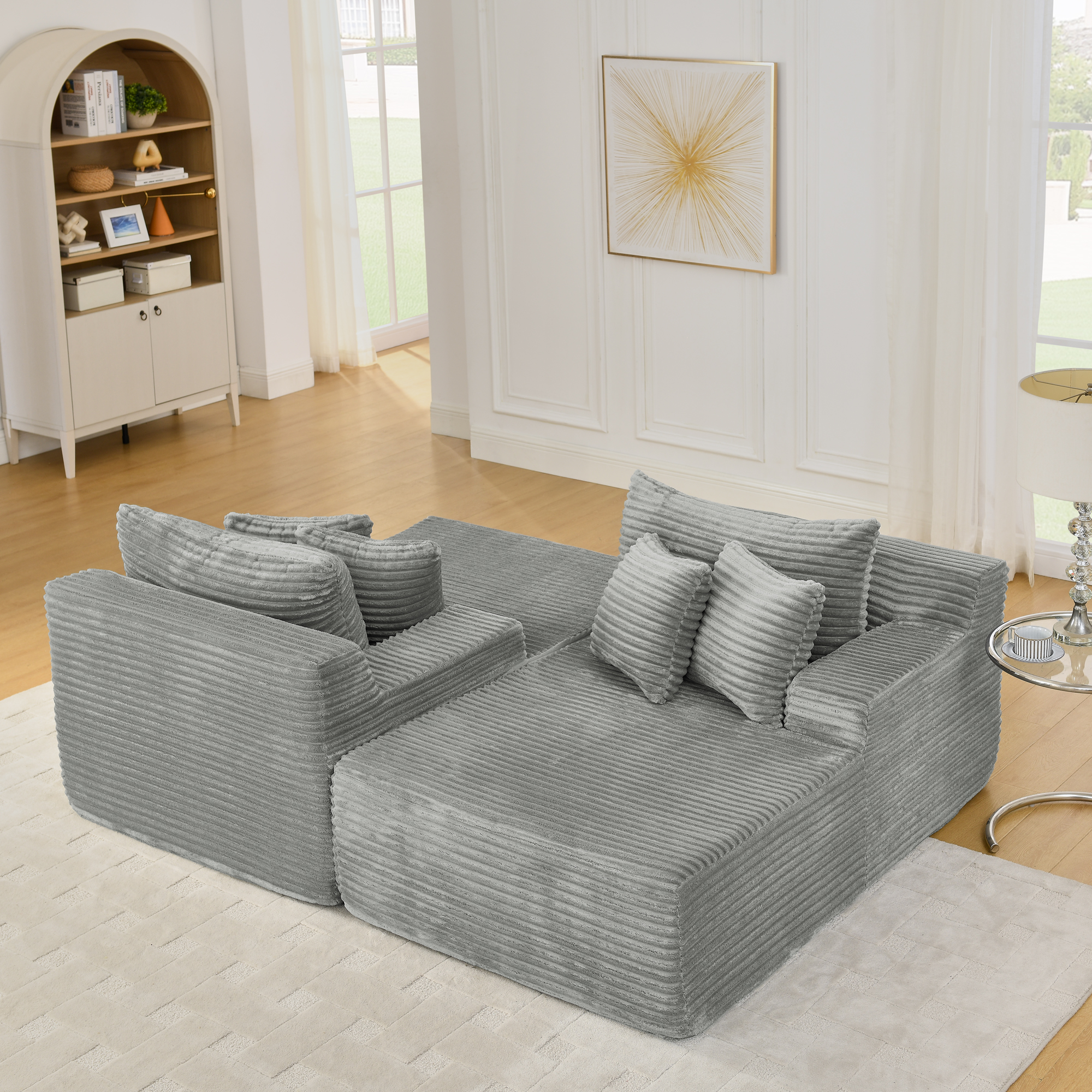 Two-seater lazy sofa lounge chair,Compressed sofa no assembly required, made of velvet fabric, fluffy modern lounge chair, used for indoor living rooms and bedrooms-Gray - Image 4