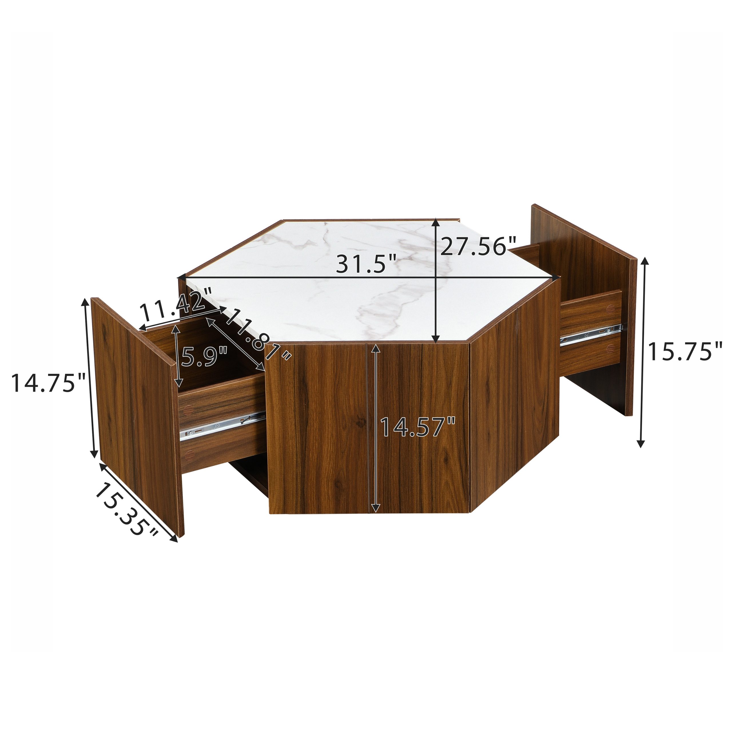 Hexagonal Rustic Retro Wood Coffee Table, with 2 Hidden Drawers, Textured White Marble Tops, Walunt Oak Finish - Perfect for Living Room & Reception Areas - Image 2