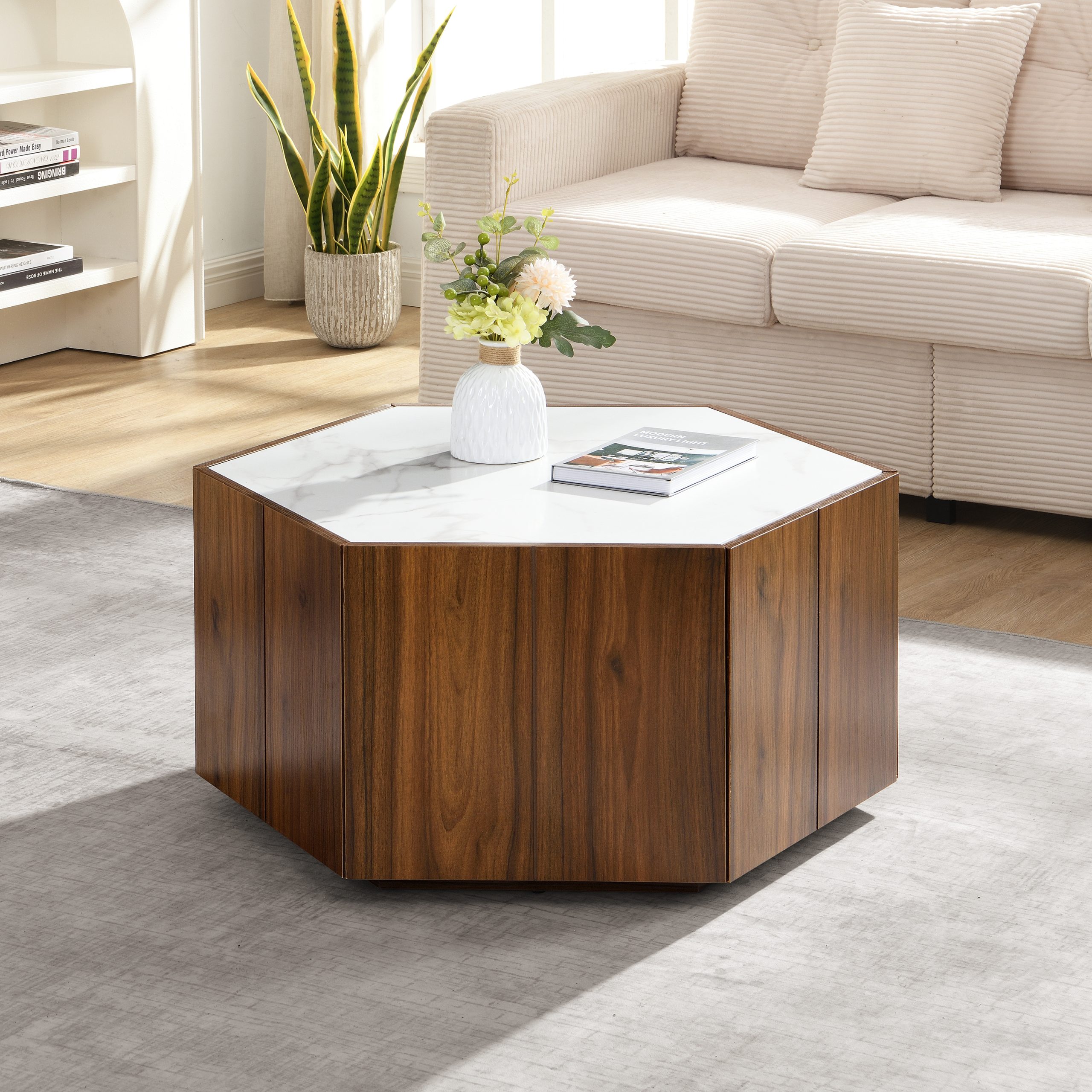 Hexagonal Rustic Retro Wood Coffee Table, with 2 Hidden Drawers, Textured White Marble Tops, Walunt Oak Finish - Perfect for Living Room & Reception Areas - Image 3