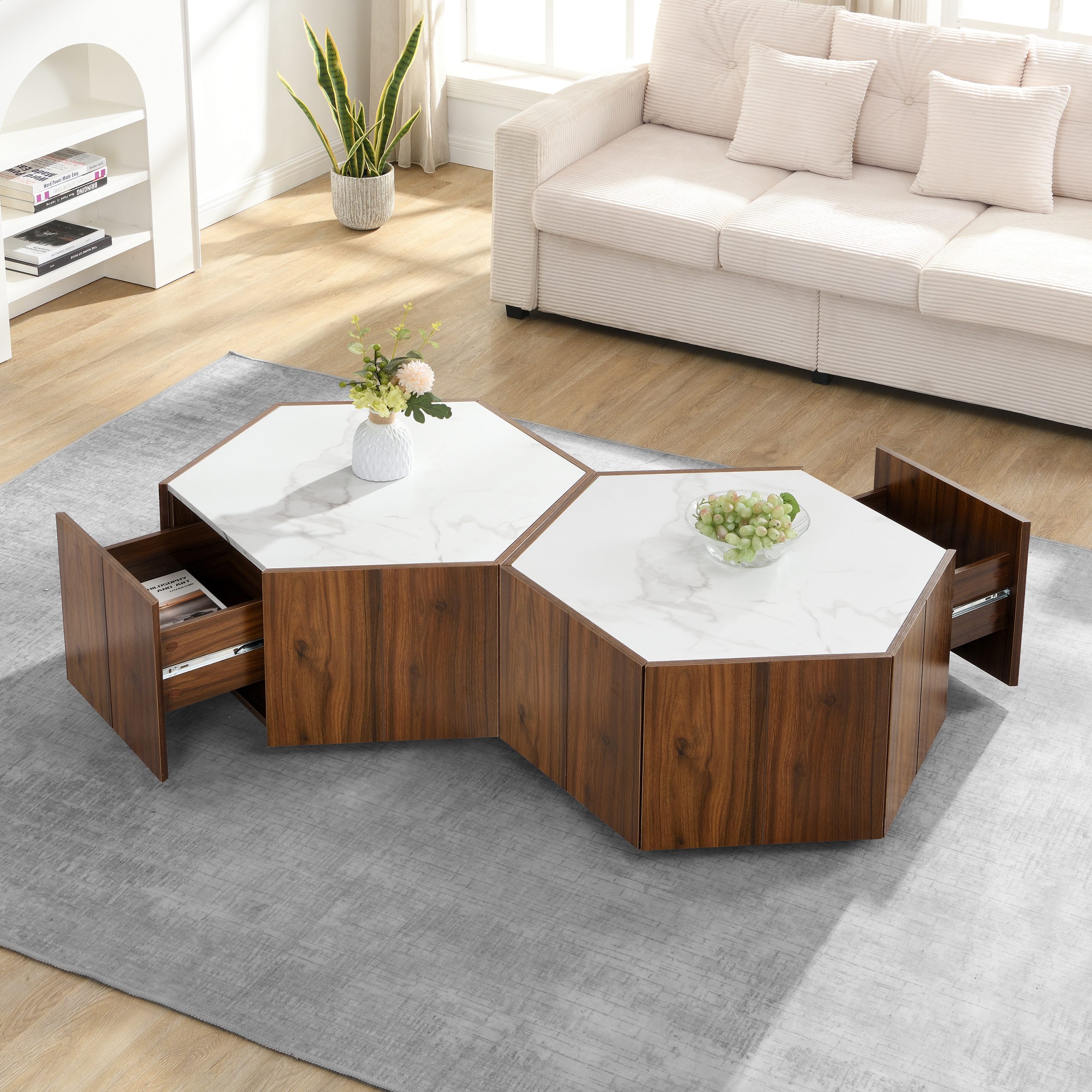 Hexagonal Rustic Retro Wood Coffee Table, with 2 Hidden Drawers, Textured White Marble Tops, Walunt Oak Finish - Perfect for Living Room & Reception Areas - Image 4