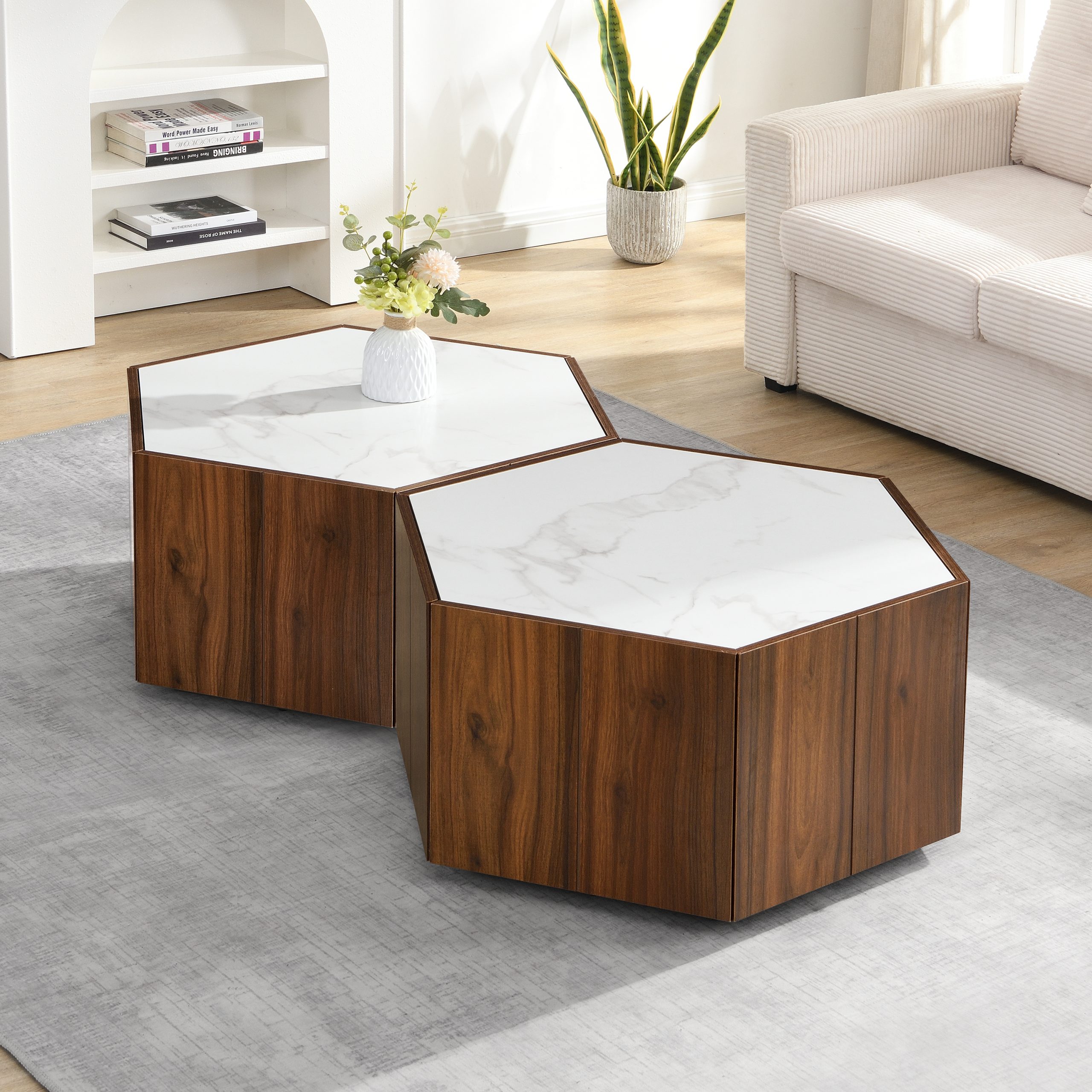 Hexagonal Rustic Retro Wood Coffee Table, with 2 Hidden Drawers, Textured White Marble Tops, Walunt Oak Finish - Perfect for Living Room & Reception Areas - Image 5