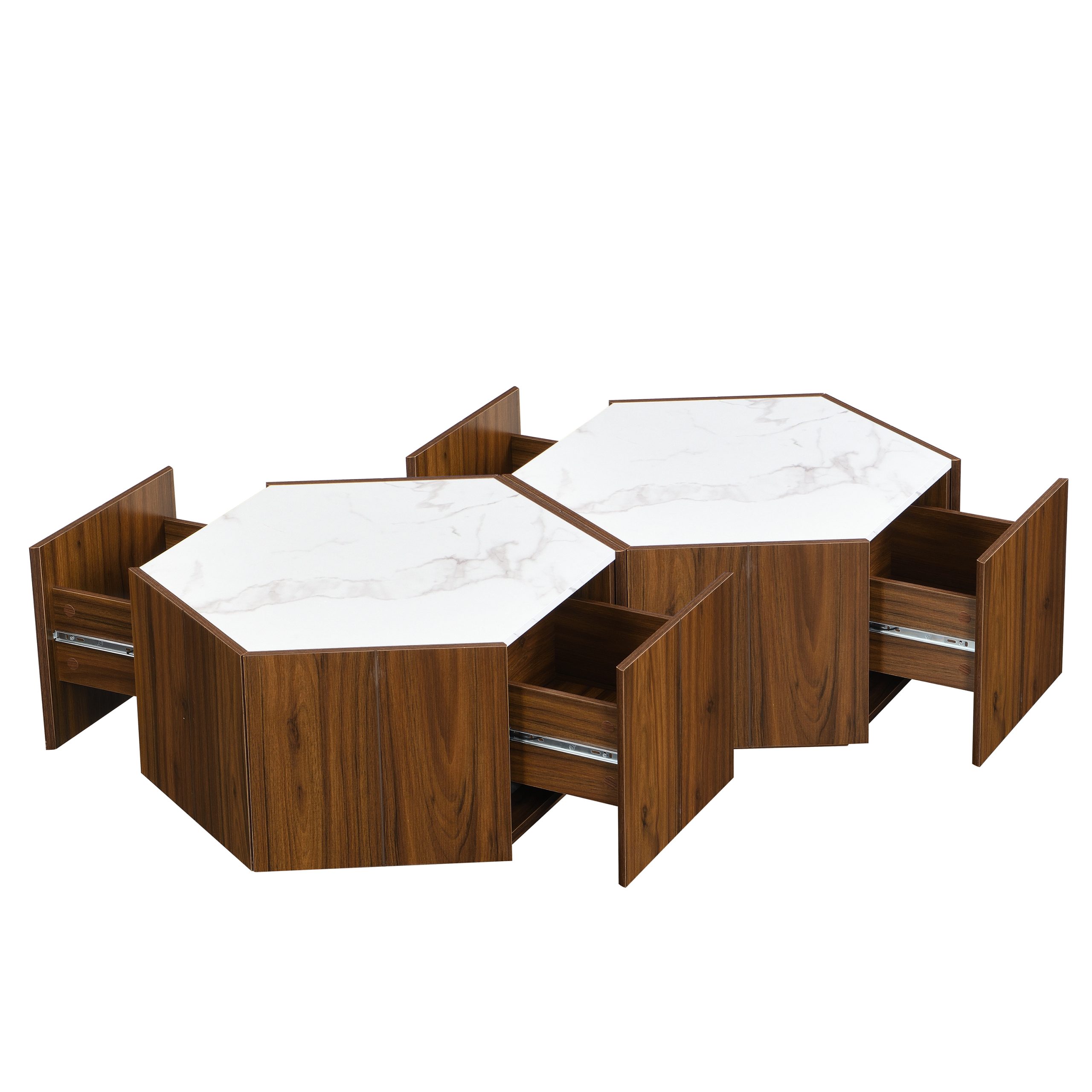 Hexagonal Rustic Retro Wood Coffee Table, with 2 Hidden Drawers, Textured White Marble Tops, Walunt Oak Finish - Perfect for Living Room & Reception Areas - Image 6