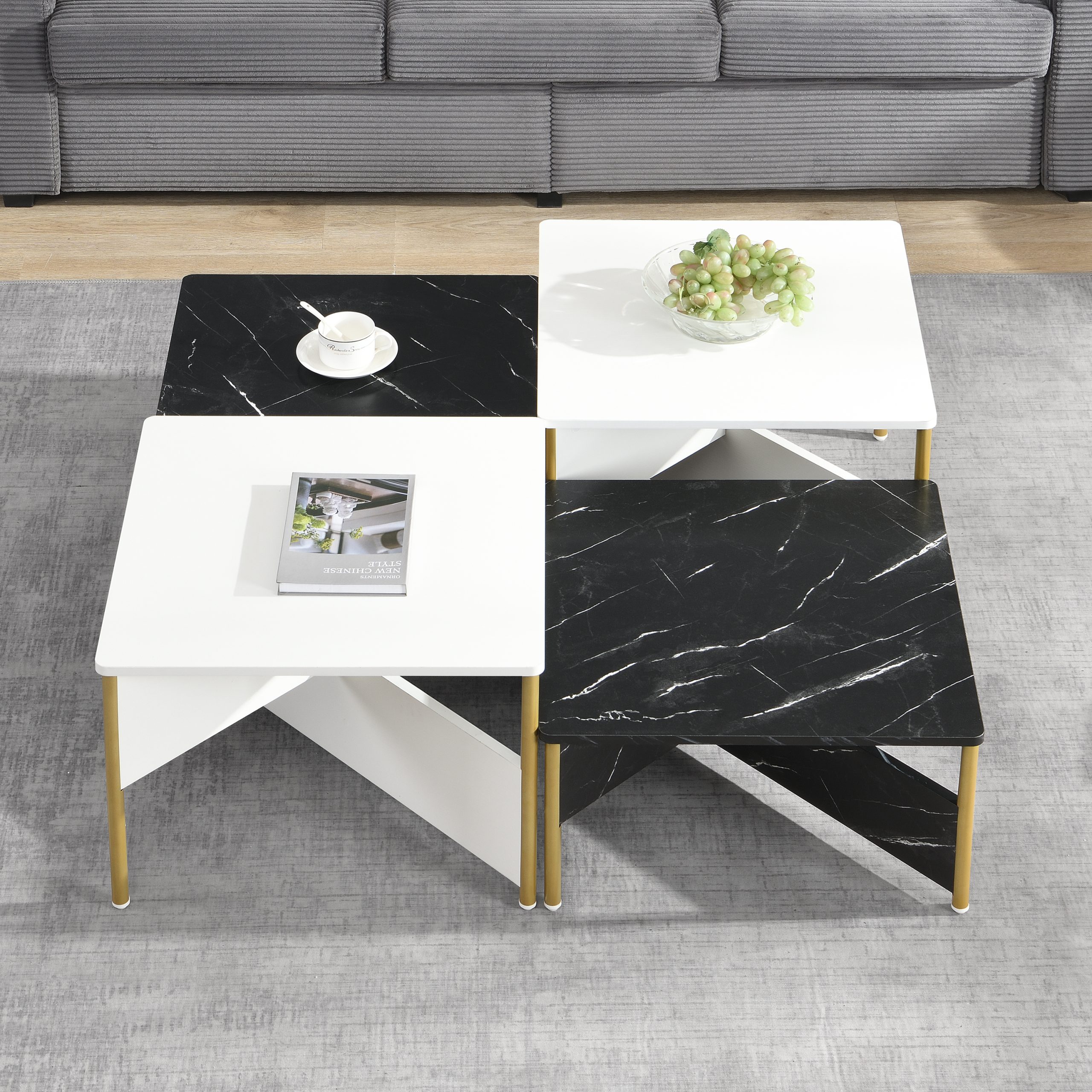 Modern Nesting Coffee Tables Set of 4 -Mid Century Modern Square Living Room Table, Free Adjustable Shape,Versatile and Stylish Accent Furniture for Your Living Room Black & White Color - Image 3