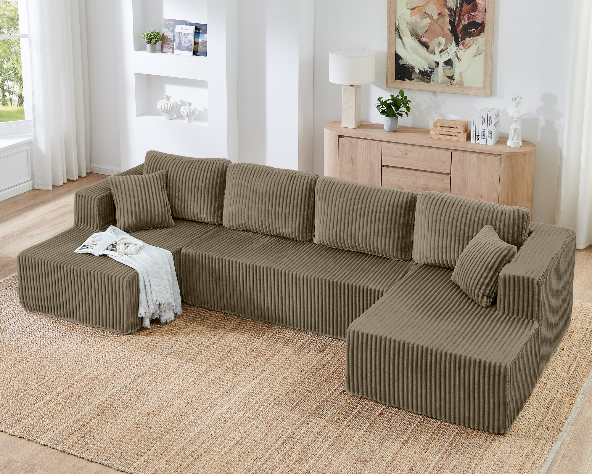 U shape Modular Sectional Sofa, Compressed Sectional Sofa Modern Minimalist Style Corduroy Couch, Sleeper Sofa for Living Room, Bedroom, Comfy Compressed Sofa Couch Space-Efficient Design-Brown - Image 2