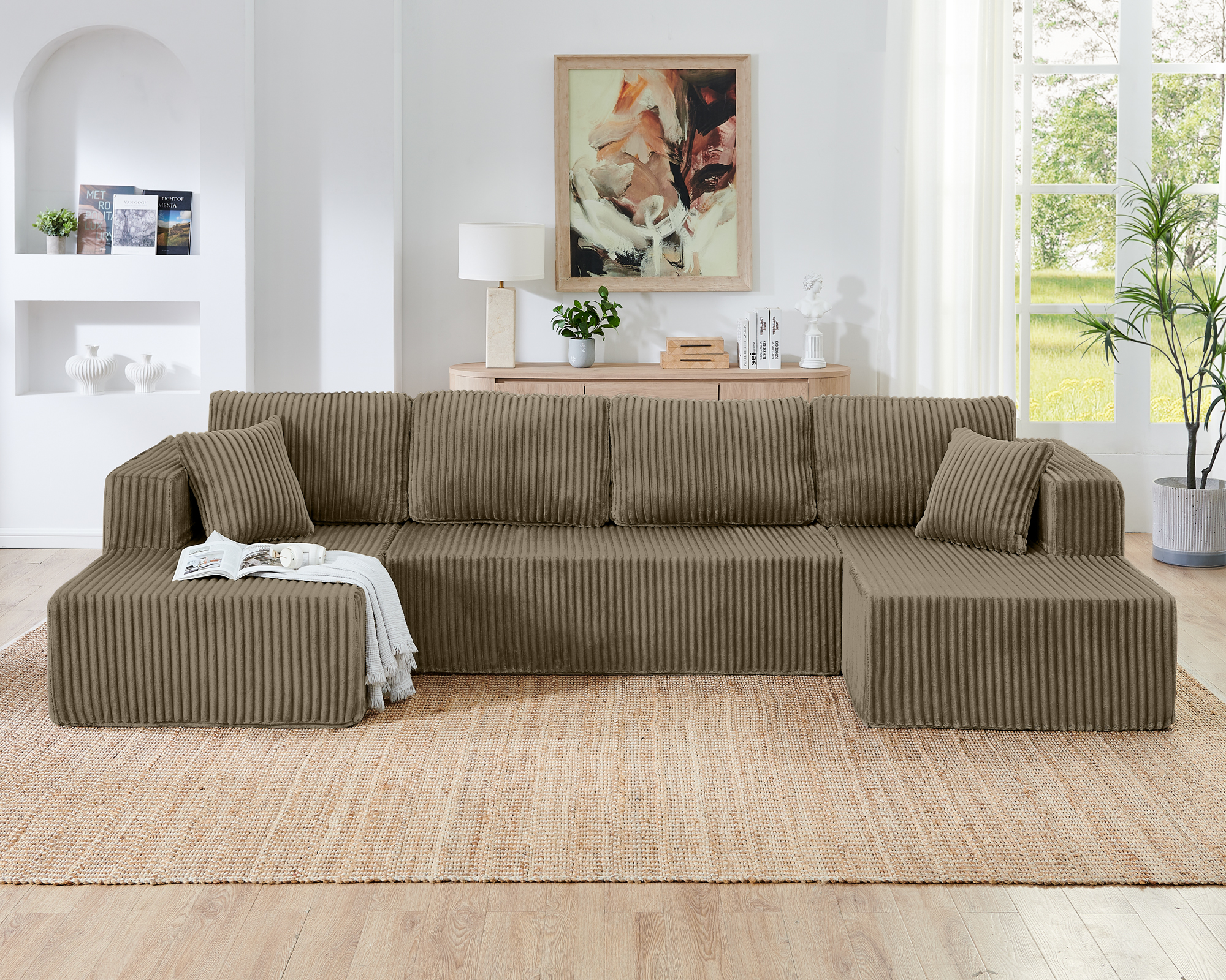 U shape Modular Sectional Sofa, Compressed Sectional Sofa Modern Minimalist Style Corduroy Couch, Sleeper Sofa for Living Room, Bedroom, Comfy Compressed Sofa Couch Space-Efficient Design-Brown - Image 3