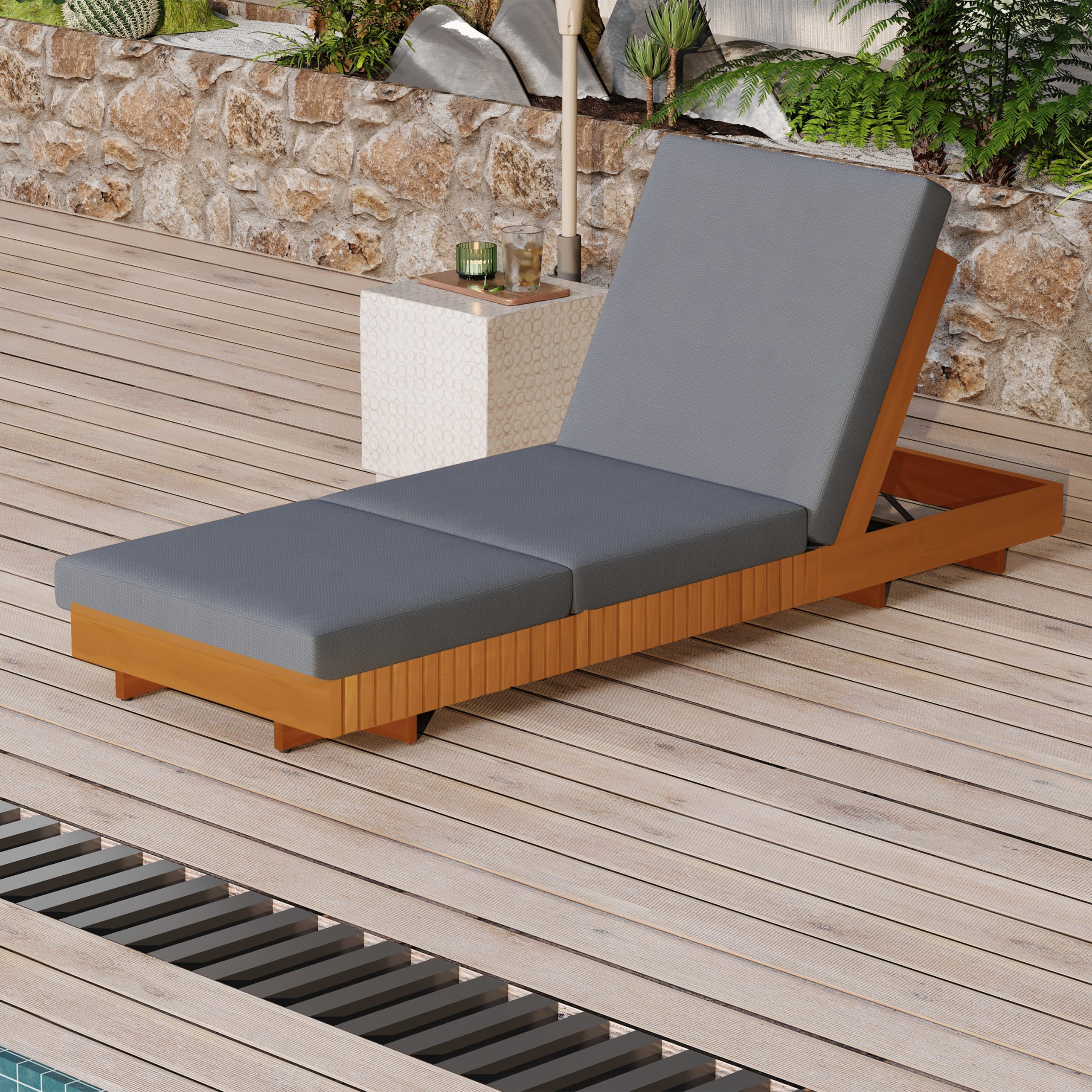 Lounge chaise Set, Acacia solid wood with LOUNGE CUSHION (Dark Grey+TRIPLE FOLDS) - Matching Cream Version Available - Image 4