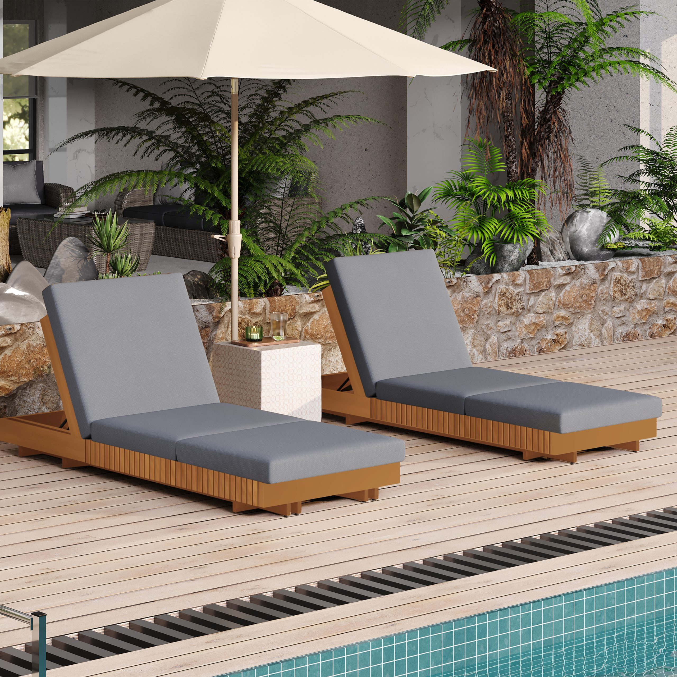 Lounge chaise Set, Acacia solid wood with LOUNGE CUSHION (Dark Grey+TRIPLE FOLDS) - Matching Cream Version Available - Image 5