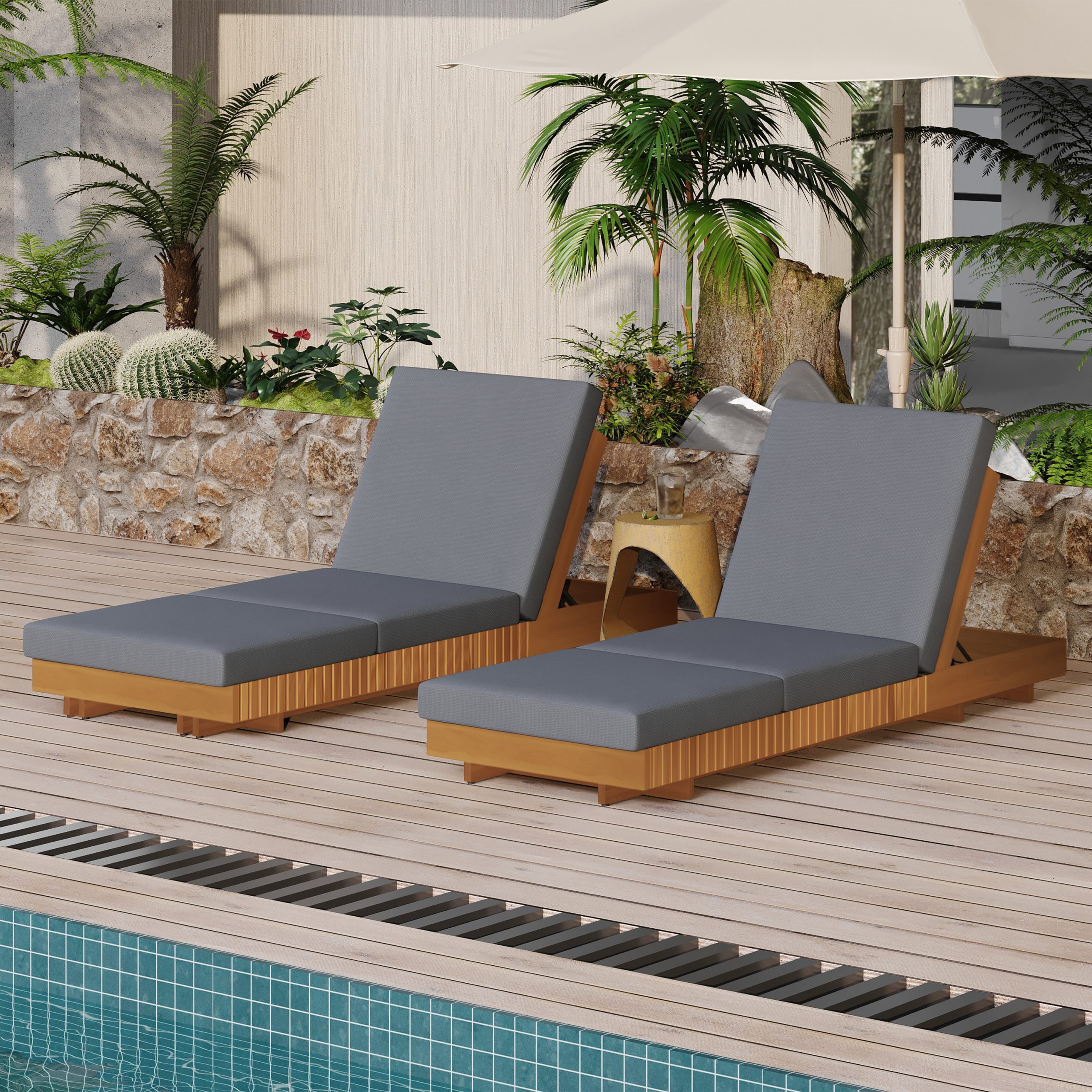 Lounge chaise Set, Acacia solid wood with LOUNGE CUSHION (Dark Grey+TRIPLE FOLDS) - Matching Cream Version Available - Image 6
