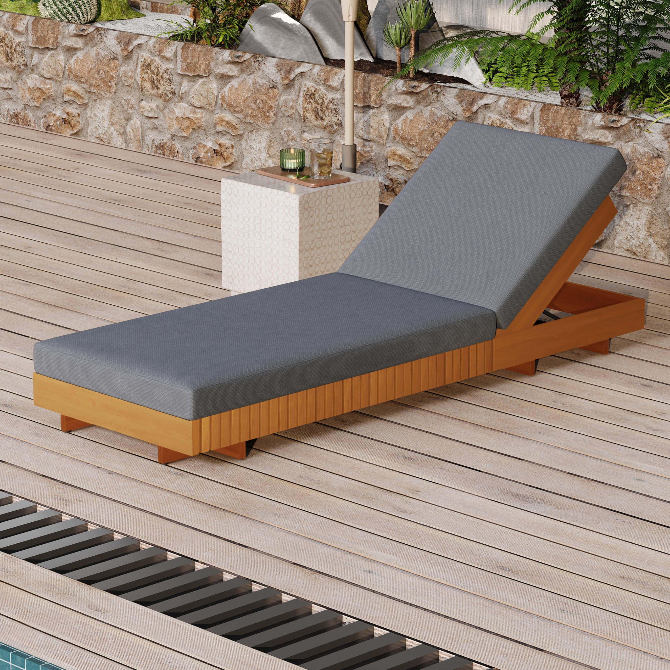 Lounge chaise Set, Acacia solid wood with LOUNGE CUSHION (Dark Grey) - Matching Cream Version Available - Image 4