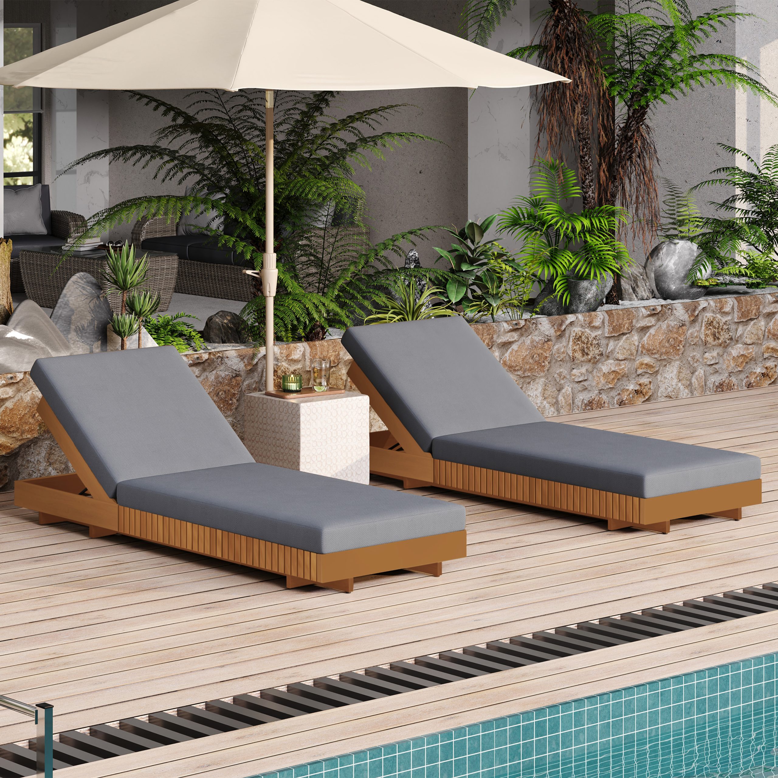 Lounge chaise Set, Acacia solid wood with LOUNGE CUSHION (Dark Grey) - Matching Cream Version Available - Image 5