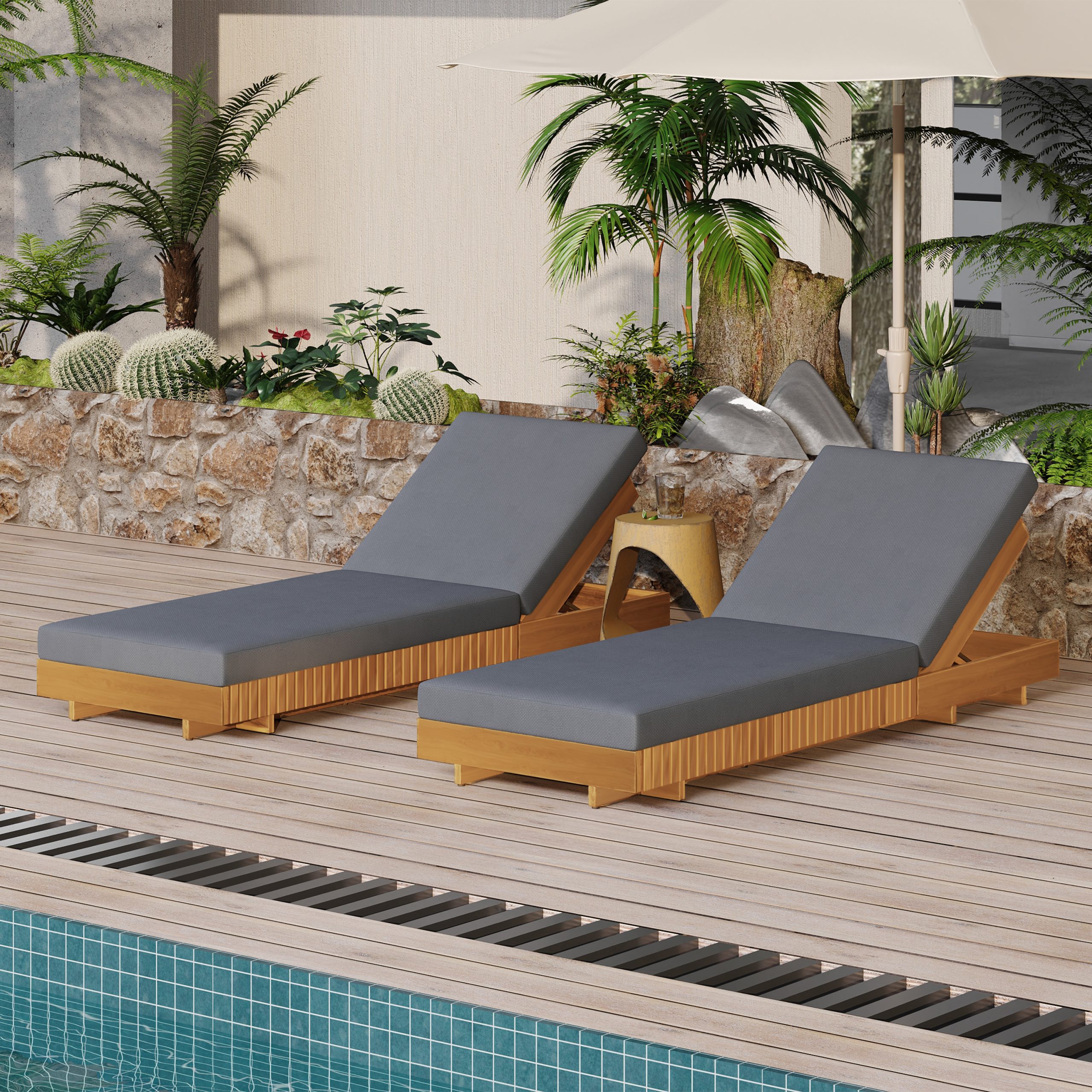 Lounge chaise Set, Acacia solid wood with LOUNGE CUSHION (Dark Grey) - Matching Cream Version Available - Image 6