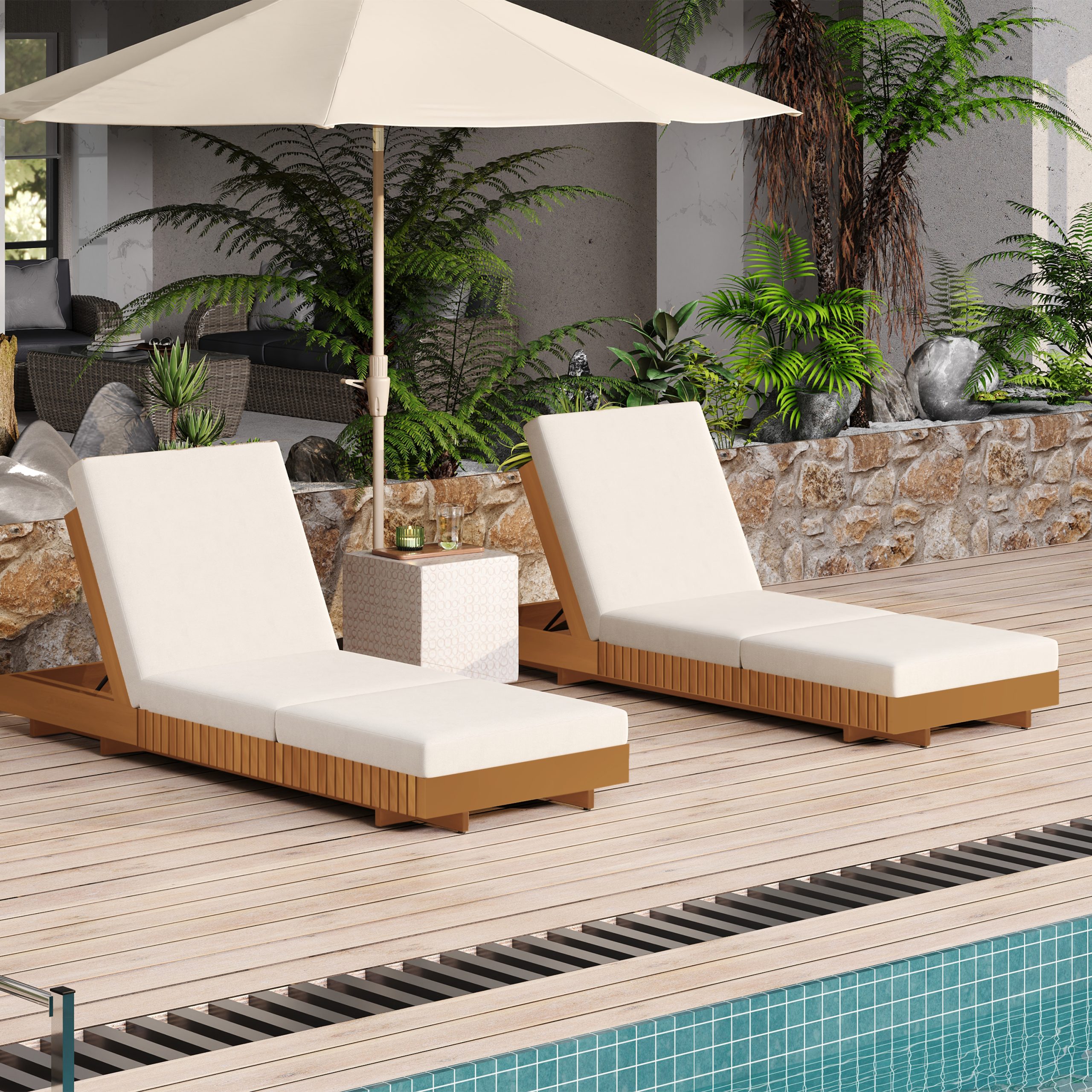 Lounge chaise Set, Acacia solid wood with Lounge Cushion (Cream+Triple Folds) - Matching Dark Grey Version Available - Image 5