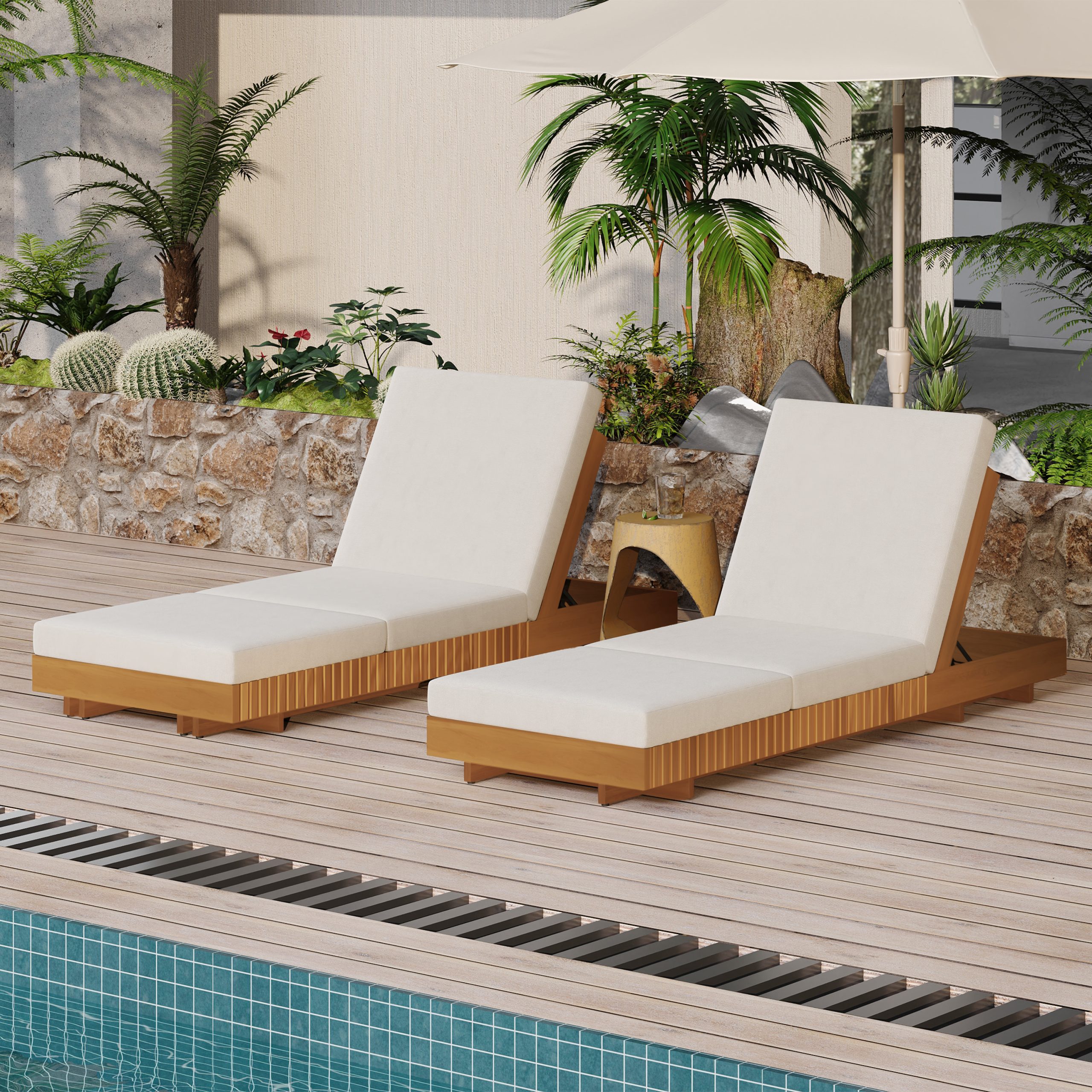 Lounge chaise Set, Acacia solid wood with Lounge Cushion (Cream+Triple Folds) - Matching Dark Grey Version Available - Image 6