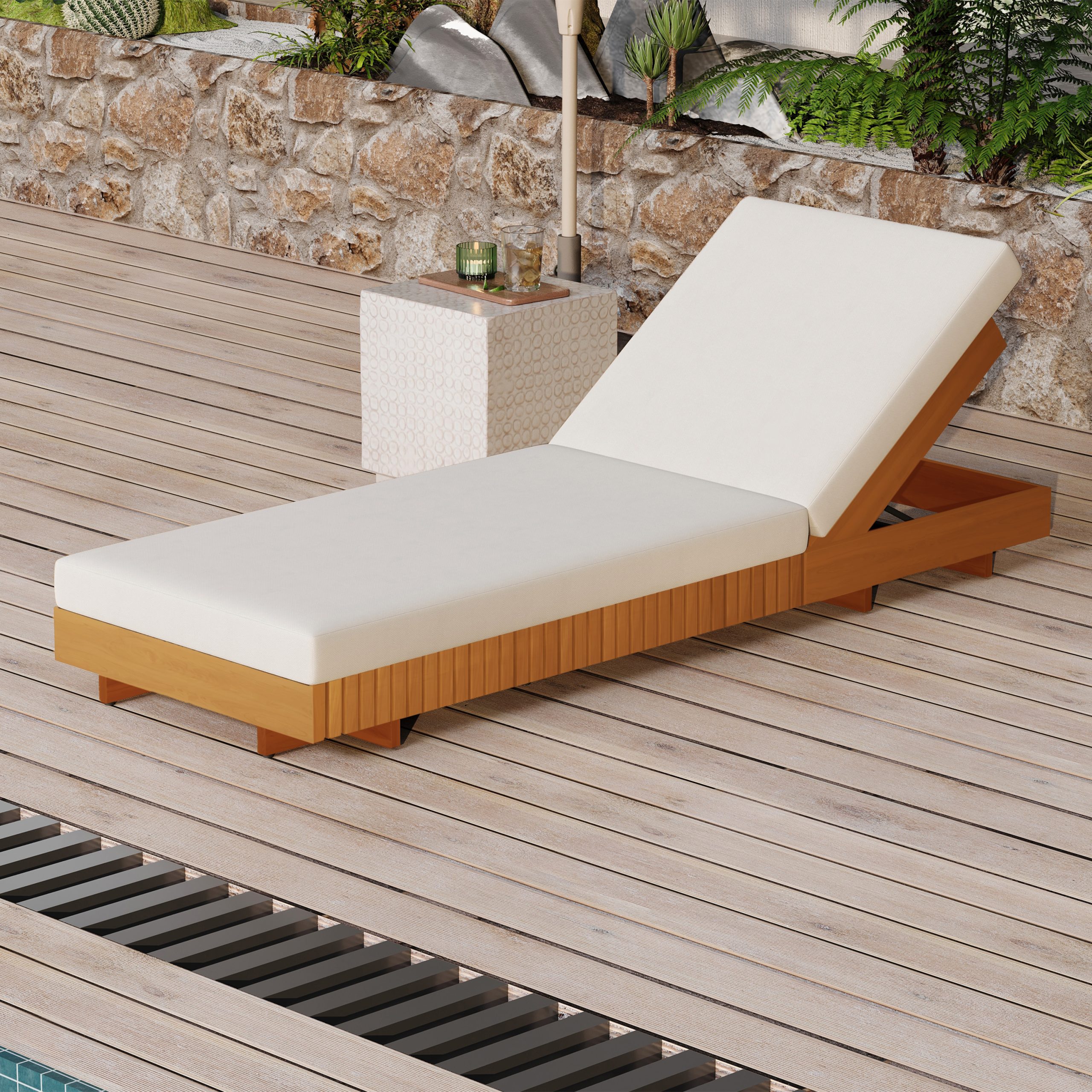 LOUNGE CHAISE SET, ACACIA SOLID WOOD WITH LOUNGE CUSHION (Cream) - Matching Dark Grey Version Available - Image 4