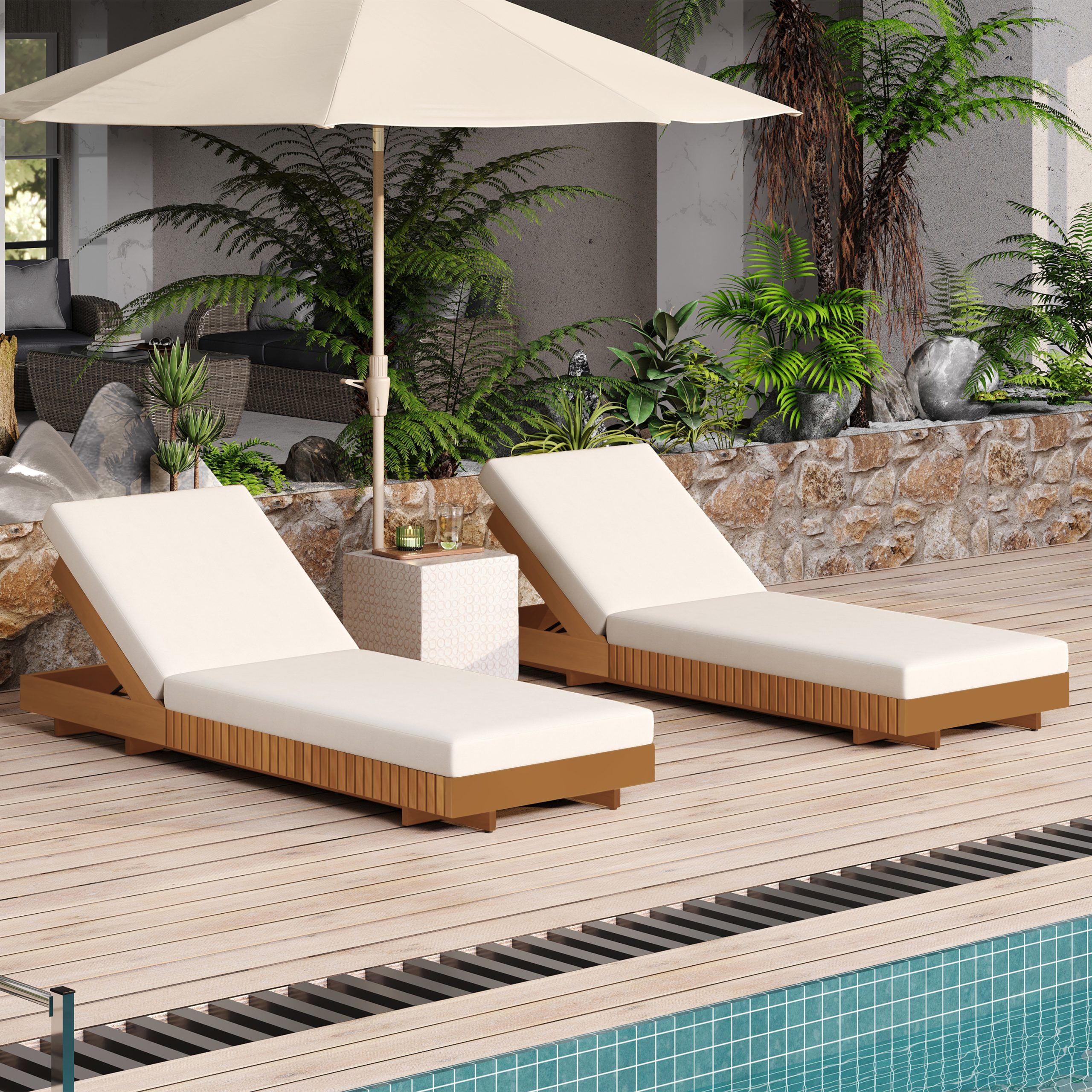 LOUNGE CHAISE SET, ACACIA SOLID WOOD WITH LOUNGE CUSHION (Cream) - Matching Dark Grey Version Available - Image 5