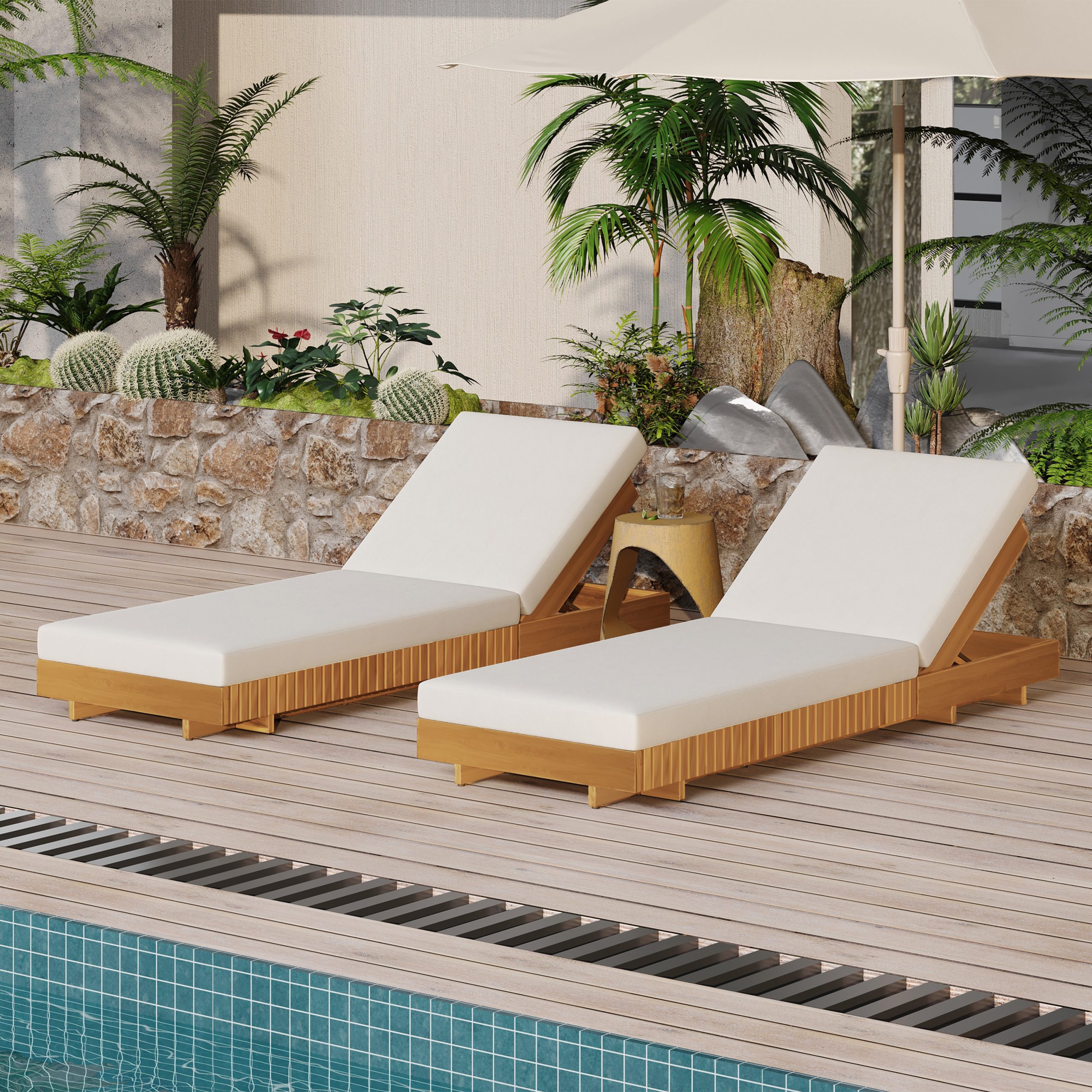 LOUNGE CHAISE SET, ACACIA SOLID WOOD WITH LOUNGE CUSHION (Cream) - Matching Dark Grey Version Available - Image 6