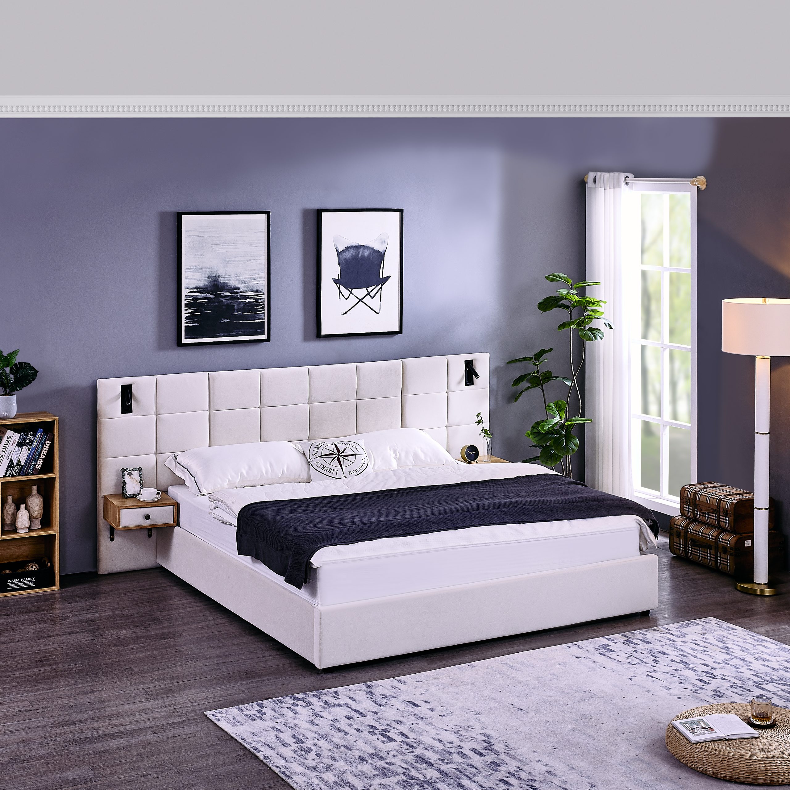 King Size Storage Velvet Upholstered Hydraulic Platform Bed with 2 Shelves, 2 Reading Lamps and USB Port, Beige