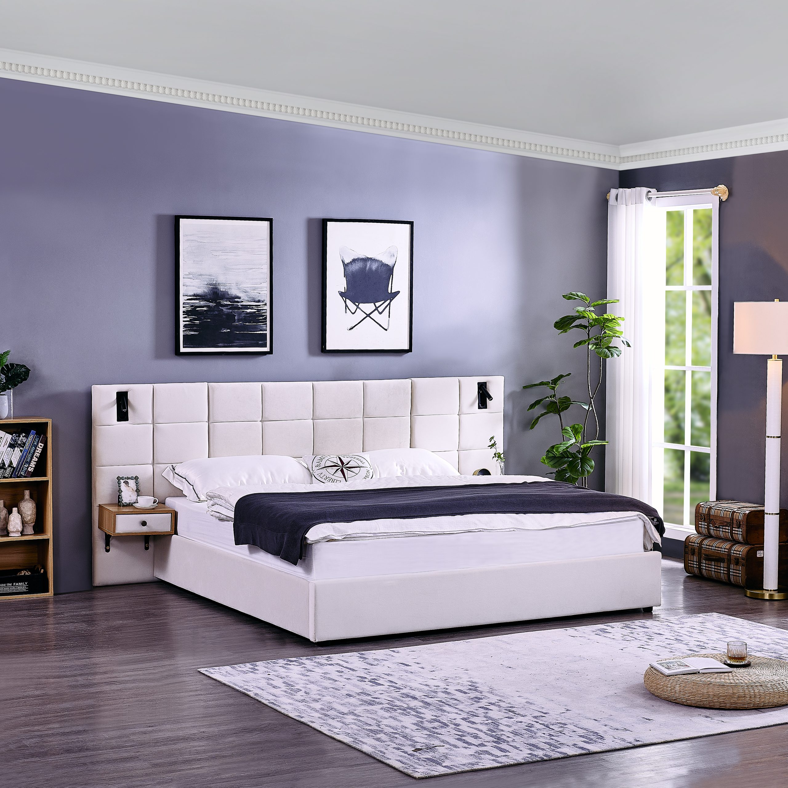 King Size Storage Velvet Upholstered Hydraulic Platform Bed with 2 Shelves, 2 Reading Lamps and USB Port, Beige - Image 2
