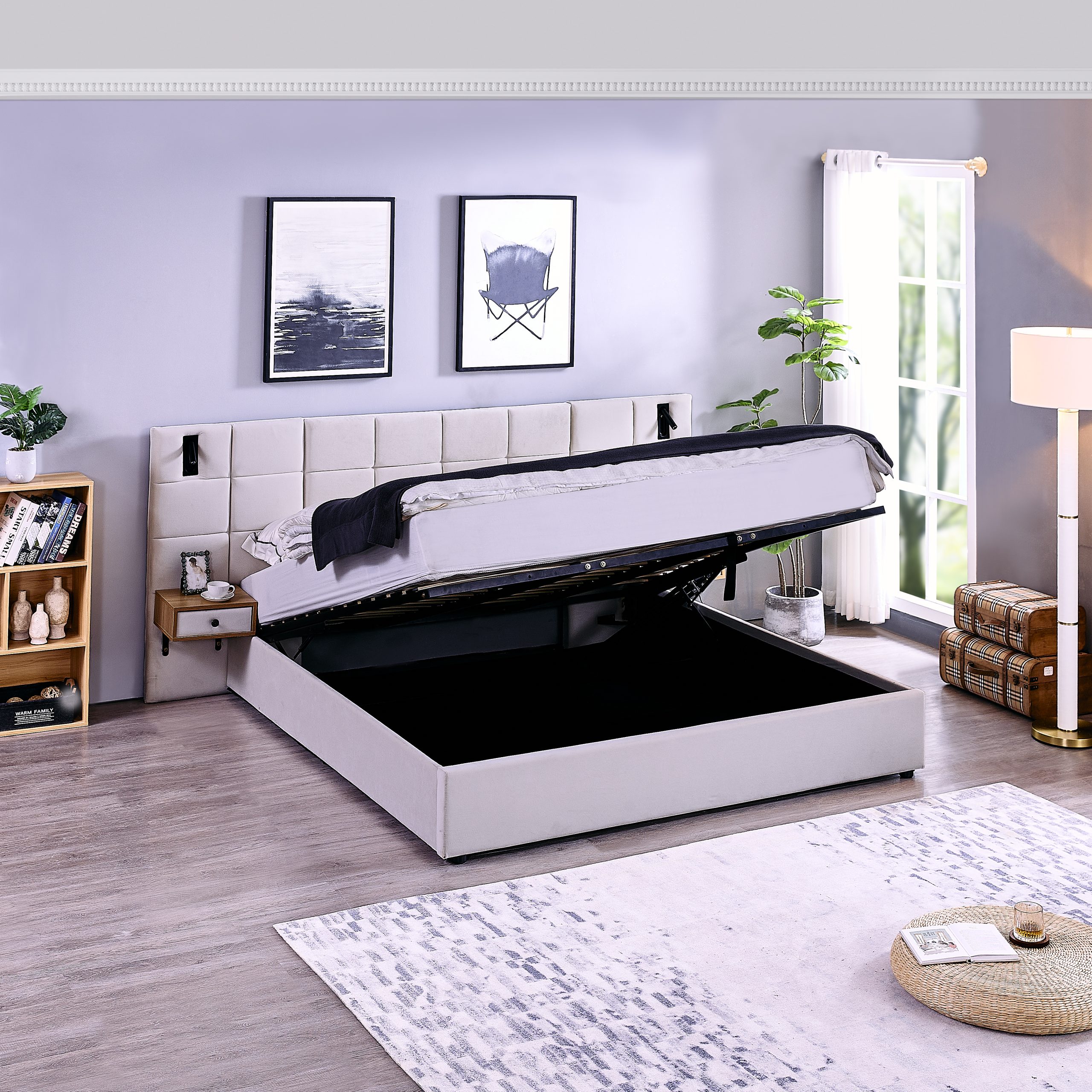 King Size Storage Velvet Upholstered Hydraulic Platform Bed with 2 Shelves, 2 Reading Lamps and USB Port, Beige - Image 3