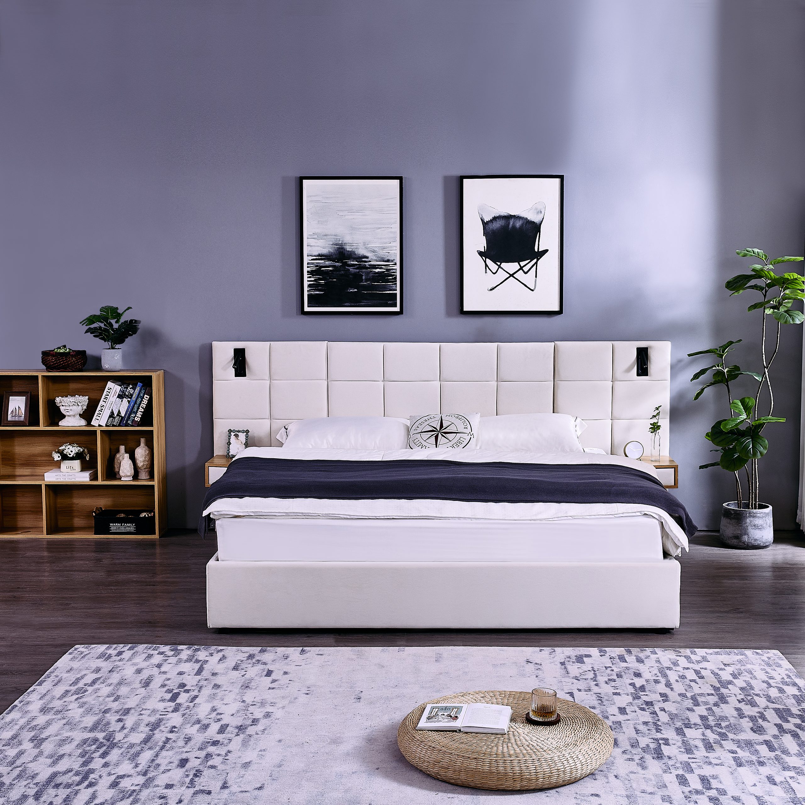 King Size Storage Velvet Upholstered Hydraulic Platform Bed with 2 Shelves, 2 Reading Lamps and USB Port, Beige - Image 4