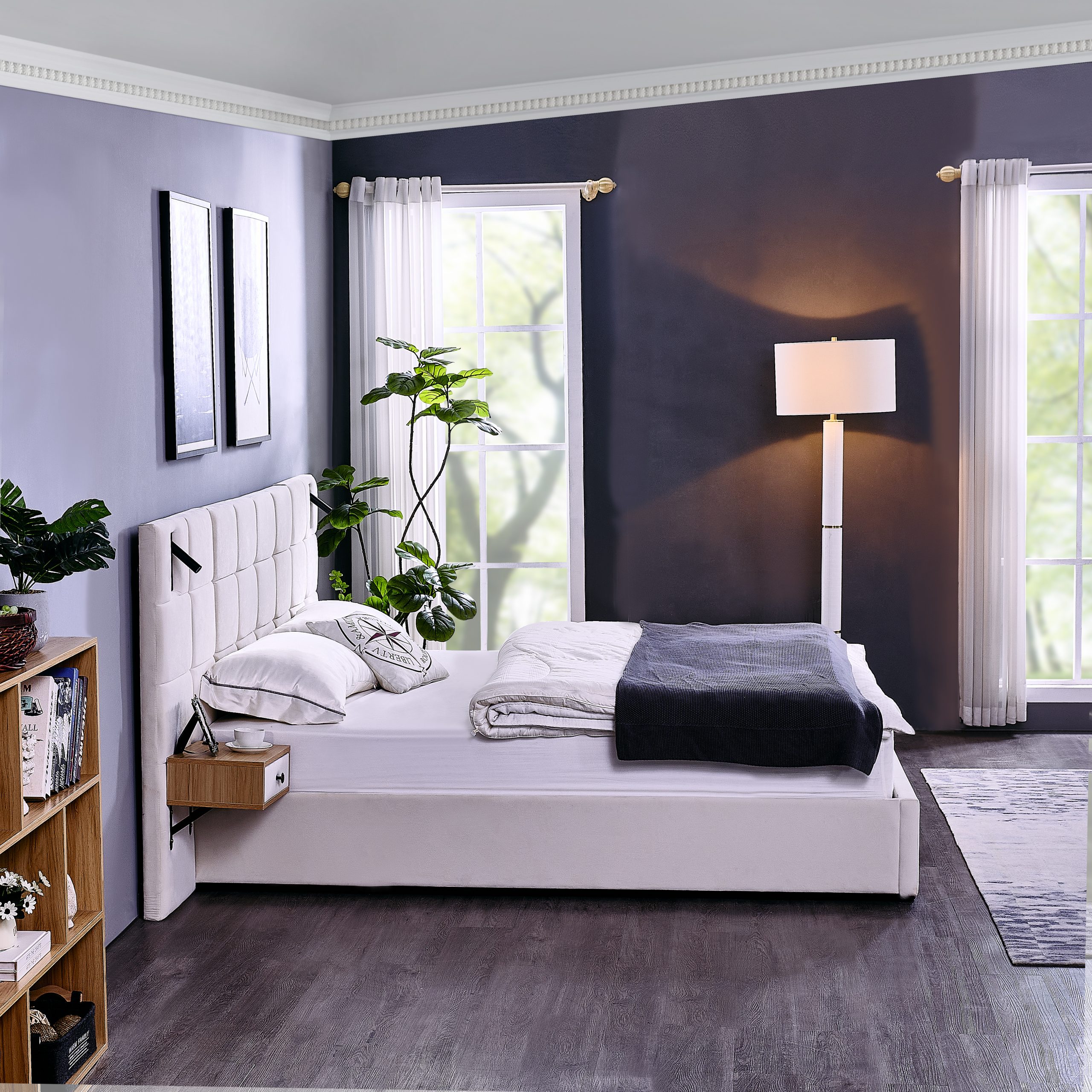 King Size Storage Velvet Upholstered Hydraulic Platform Bed with 2 Shelves, 2 Reading Lamps and USB Port, Beige - Image 5