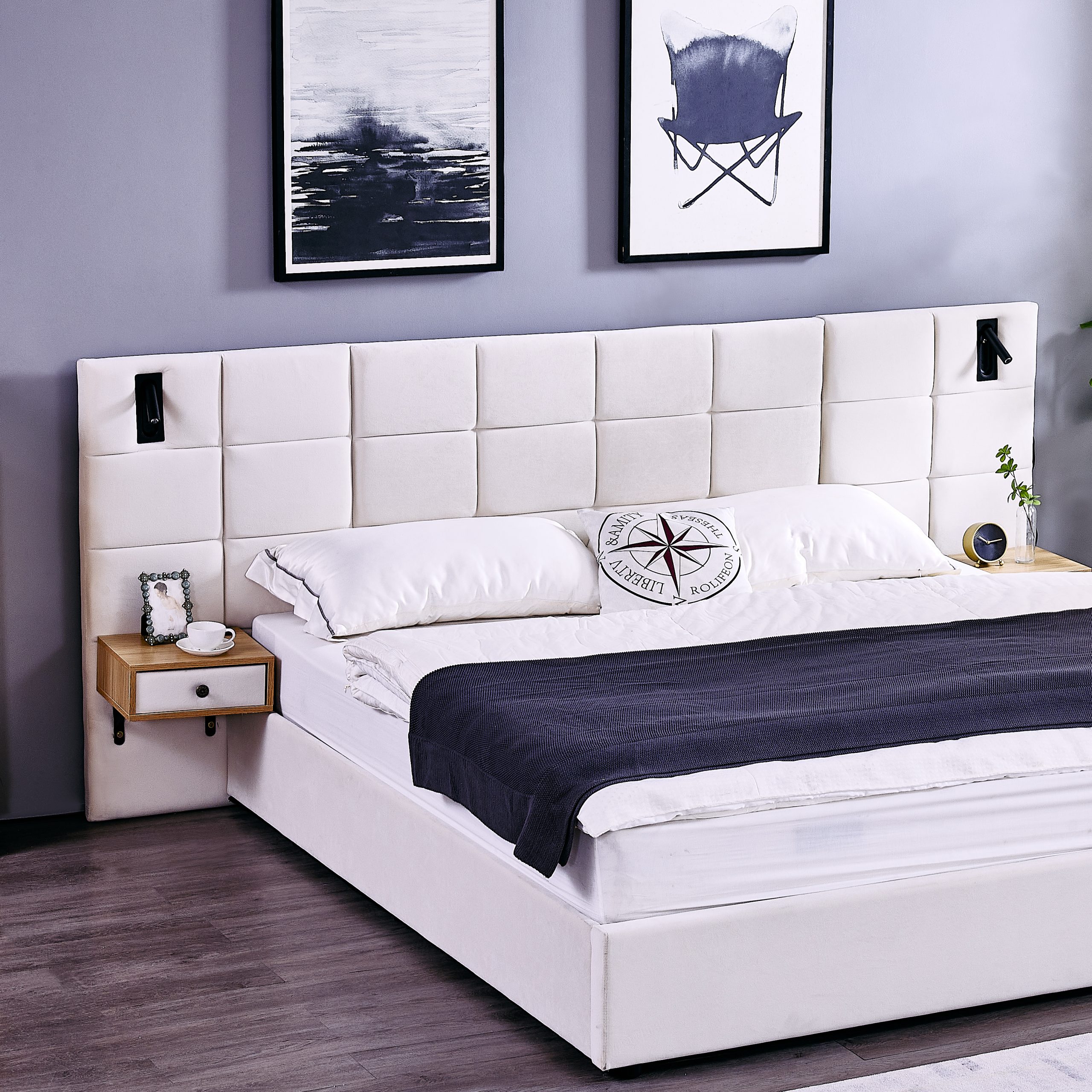 King Size Storage Velvet Upholstered Hydraulic Platform Bed with 2 Shelves, 2 Reading Lamps and USB Port, Beige - Image 6