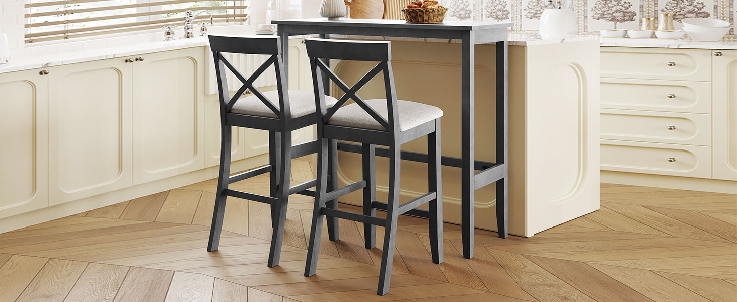 TOPMAX Farmhouse 48"Rectangular Wood Bar Height Dining Set Kitchen Breakfast Nook with 2 Chairs for Small Places,Gray+Beige - Image 2