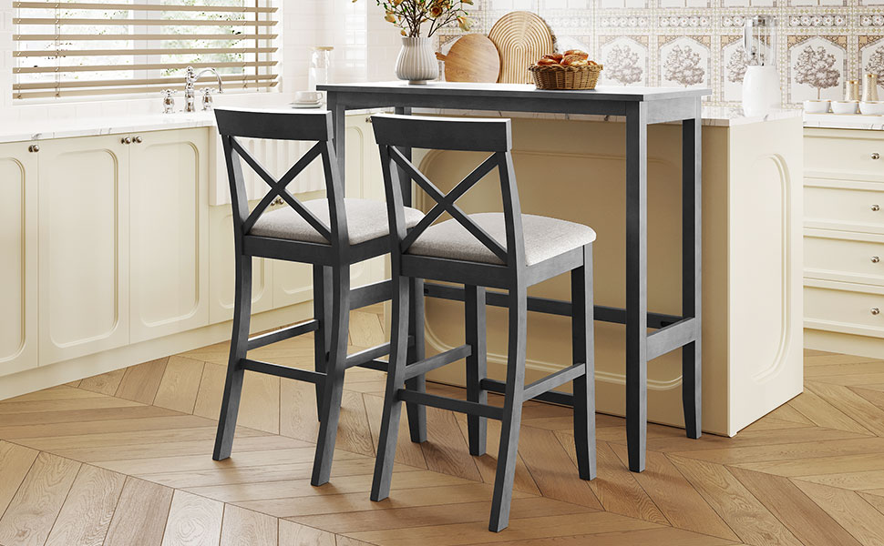 TOPMAX Farmhouse 48"Rectangular Wood Bar Height Dining Set Kitchen Breakfast Nook with 2 Chairs for Small Places,Gray+Beige - Image 3