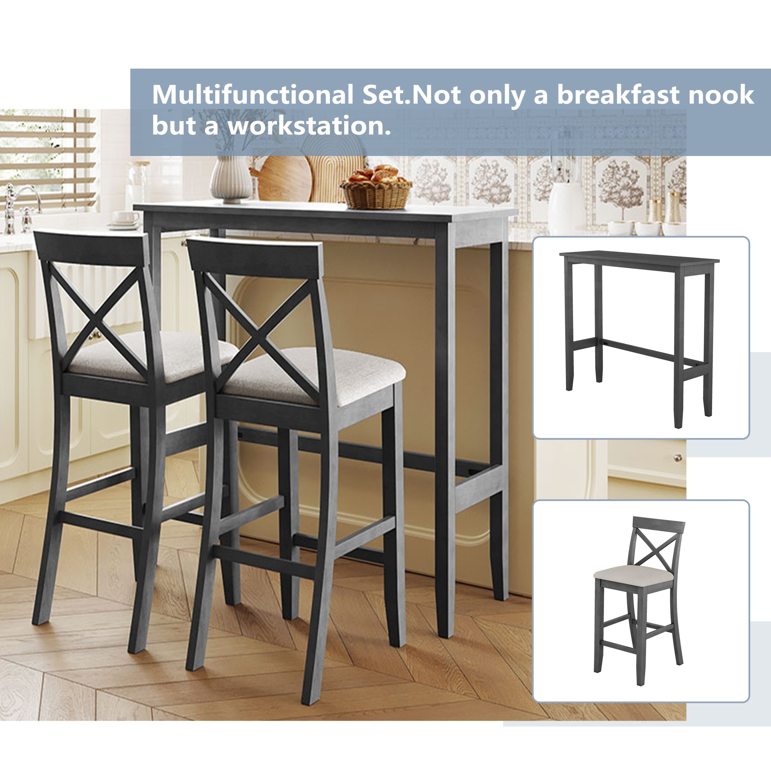 TOPMAX Farmhouse 48"Rectangular Wood Bar Height Dining Set Kitchen Breakfast Nook with 2 Chairs for Small Places,Gray+Beige - Image 5