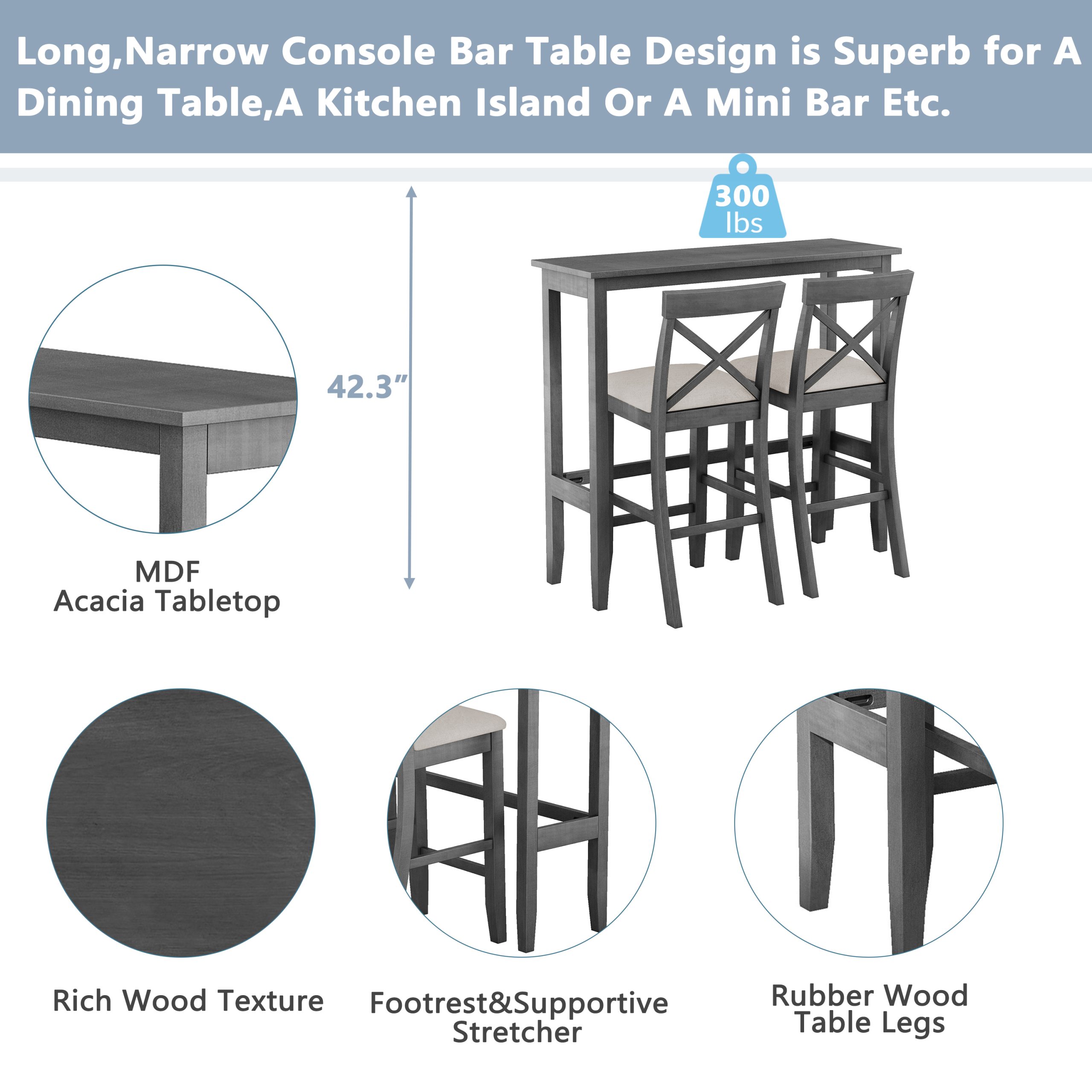 TOPMAX Farmhouse 48"Rectangular Wood Bar Height Dining Set Kitchen Breakfast Nook with 2 Chairs for Small Places,Gray+Beige - Image 6