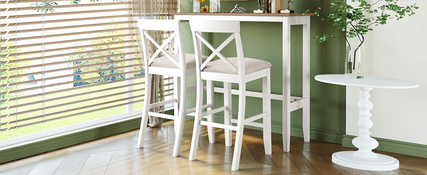 TOPMAX Farmhouse 48"Rectangular Wood Bar Height Dining Set Kitchen Breakfast Nook with 2 Chairs for Small Places,Brown+White+Beige - Image 2