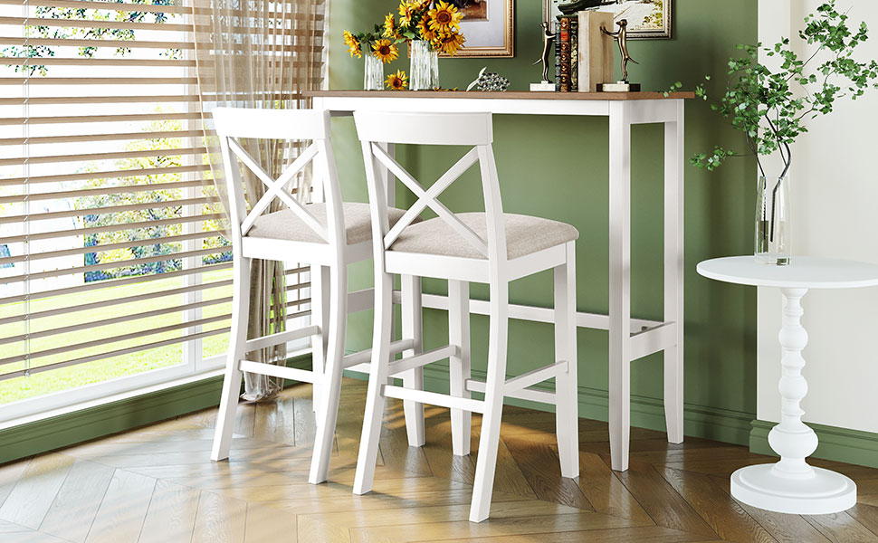 TOPMAX Farmhouse 48"Rectangular Wood Bar Height Dining Set Kitchen Breakfast Nook with 2 Chairs for Small Places,Brown+White+Beige - Image 3